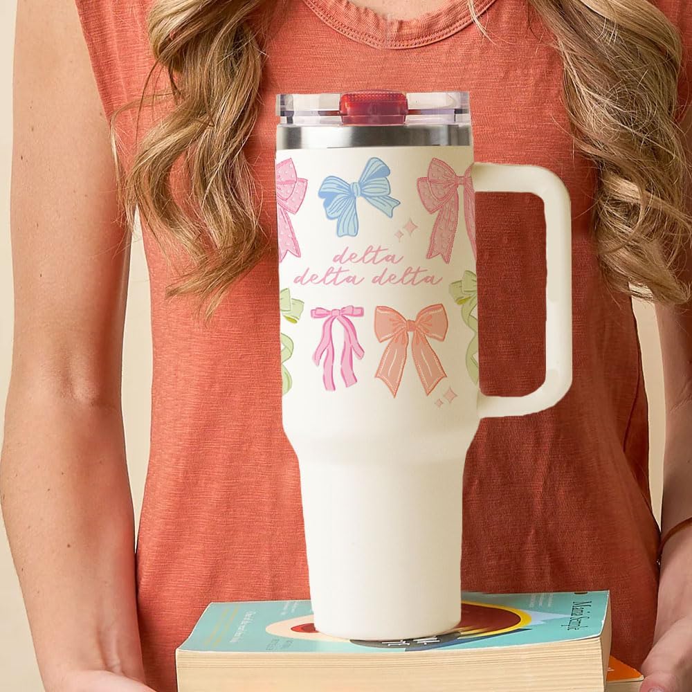 The Darling Effect Delta Delta Delta 40oz Sorority Tumbler with Handle and Flip Straw Lid – Insulated Stainless Steel Travel Cup, Hot & Cold Drink Mug, Tri Delta Sorority Gift