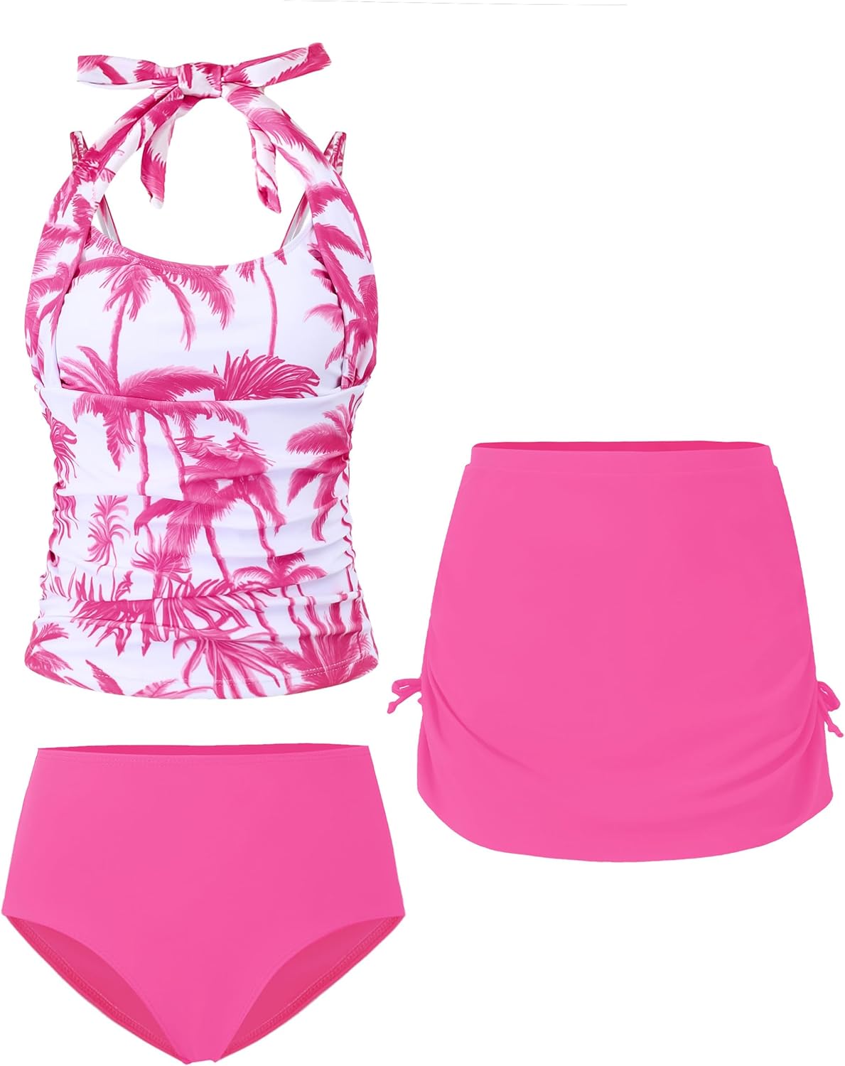 Teen Girls Swimsuit, Halterneck Tankini Drawstring Printed Tween Girls' Swimwear Beach Girl Bathing Suit for 7-16T