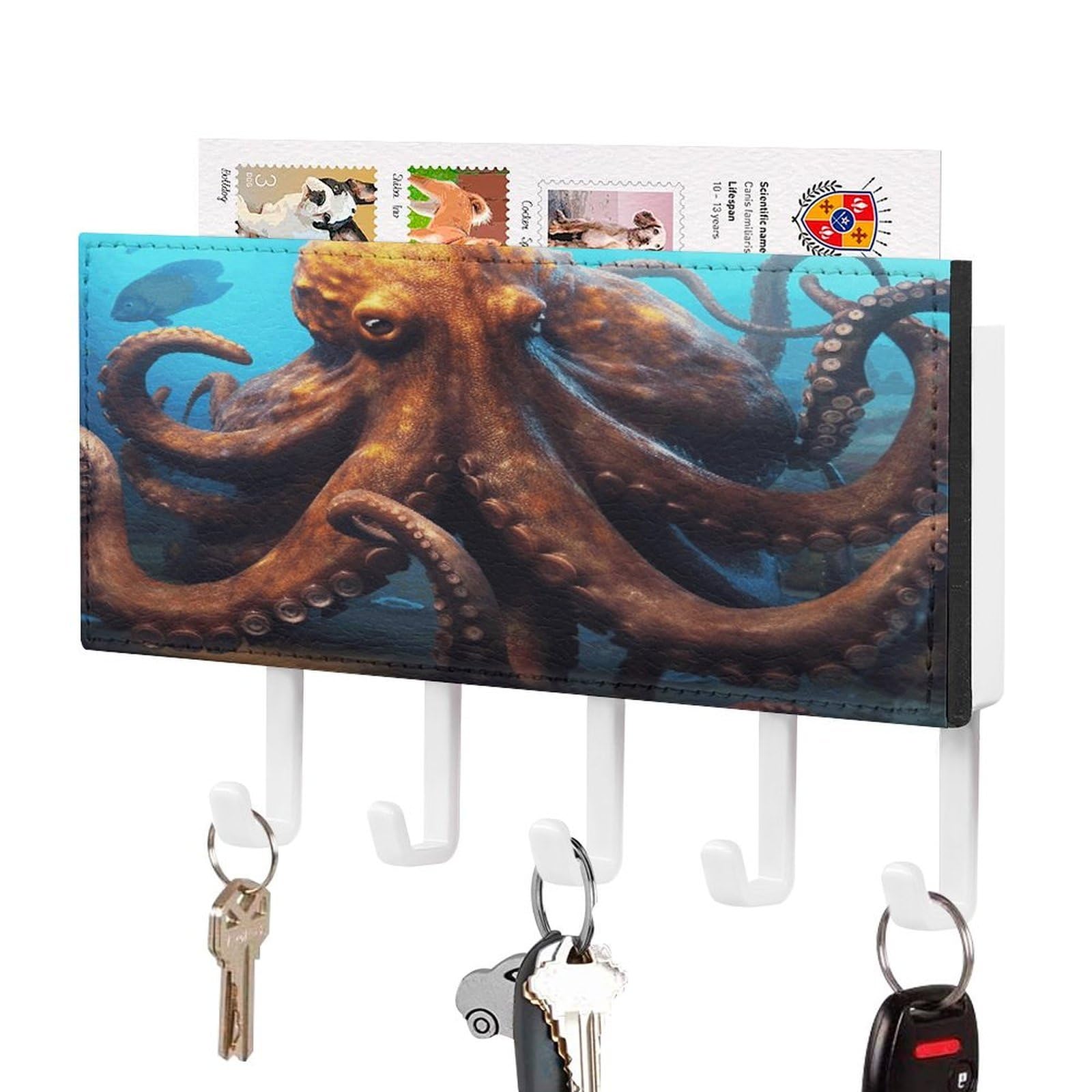 FekiLoot Huge Octopus Key Holder Wall Mount Key Hanger with 5 Hooks Decorative Key Rack Hanging Key Hooks with Mail Organizer Key Holder for Wall Living Room Kitchen Bathroom Hallway White
