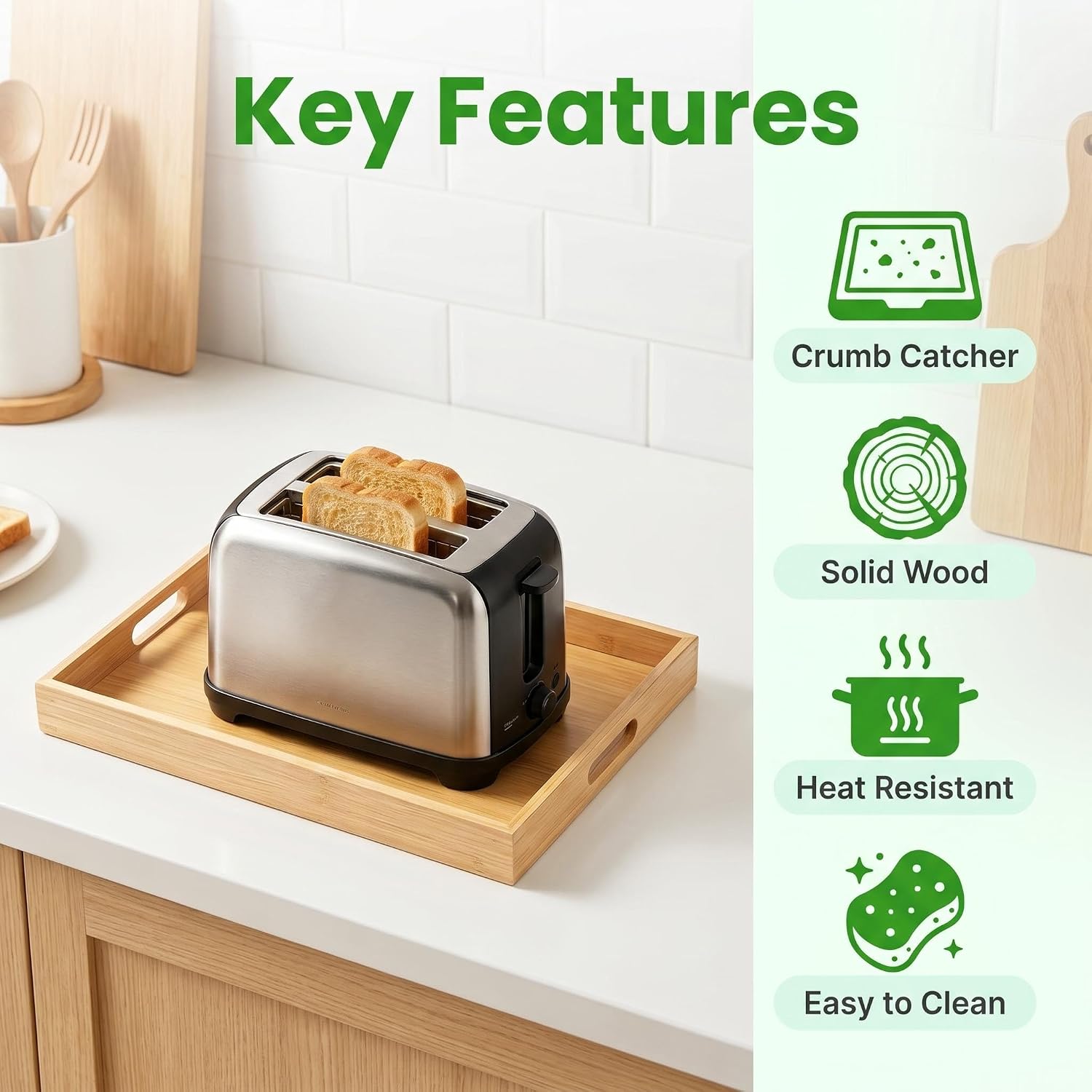2 Slice Toaster Tray Under Toaster Crumbs Catcher, Toaster Bottom Tray for Countertop, Kitchen Bread Crumb Tray, Mess-Free Kitchen Organizer, Fits Most Standard 2-Slice Toasters (Natural wood tone)