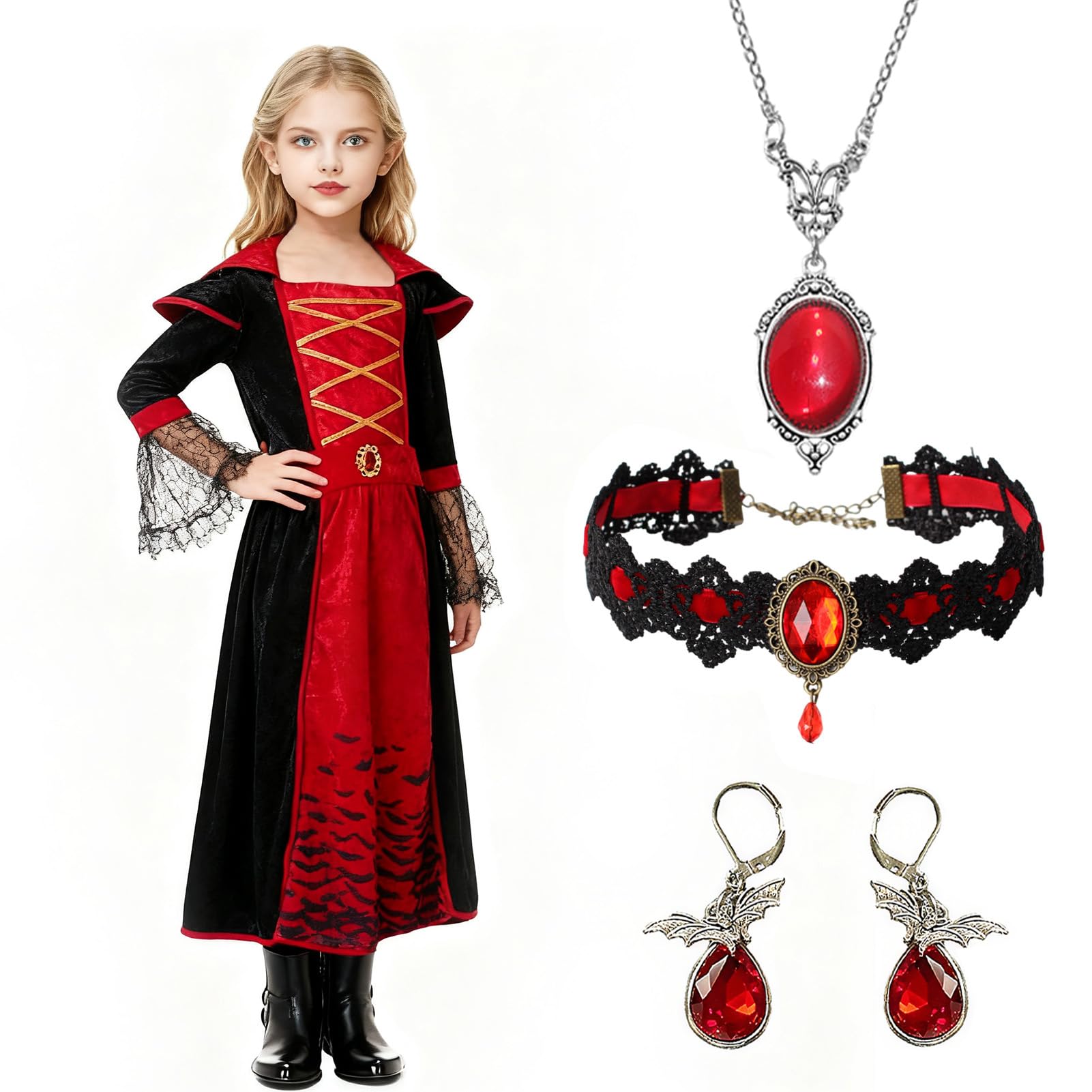Moerstar Vampire Costume Kids Girls, Halloween Vampire Costume Set including Choker Necklace Earrings