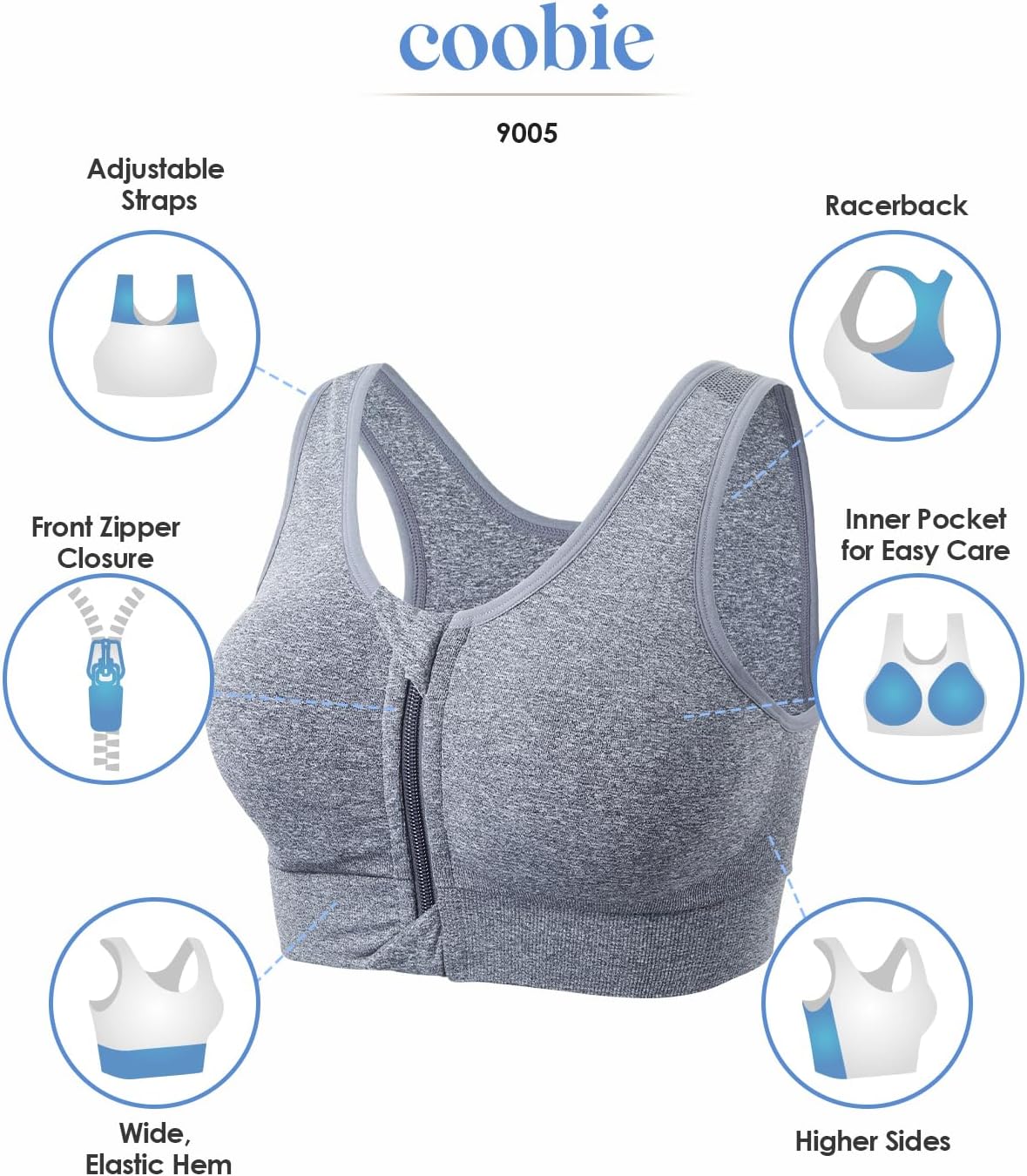 Coobie Women's Front Zipper Sports Bra
