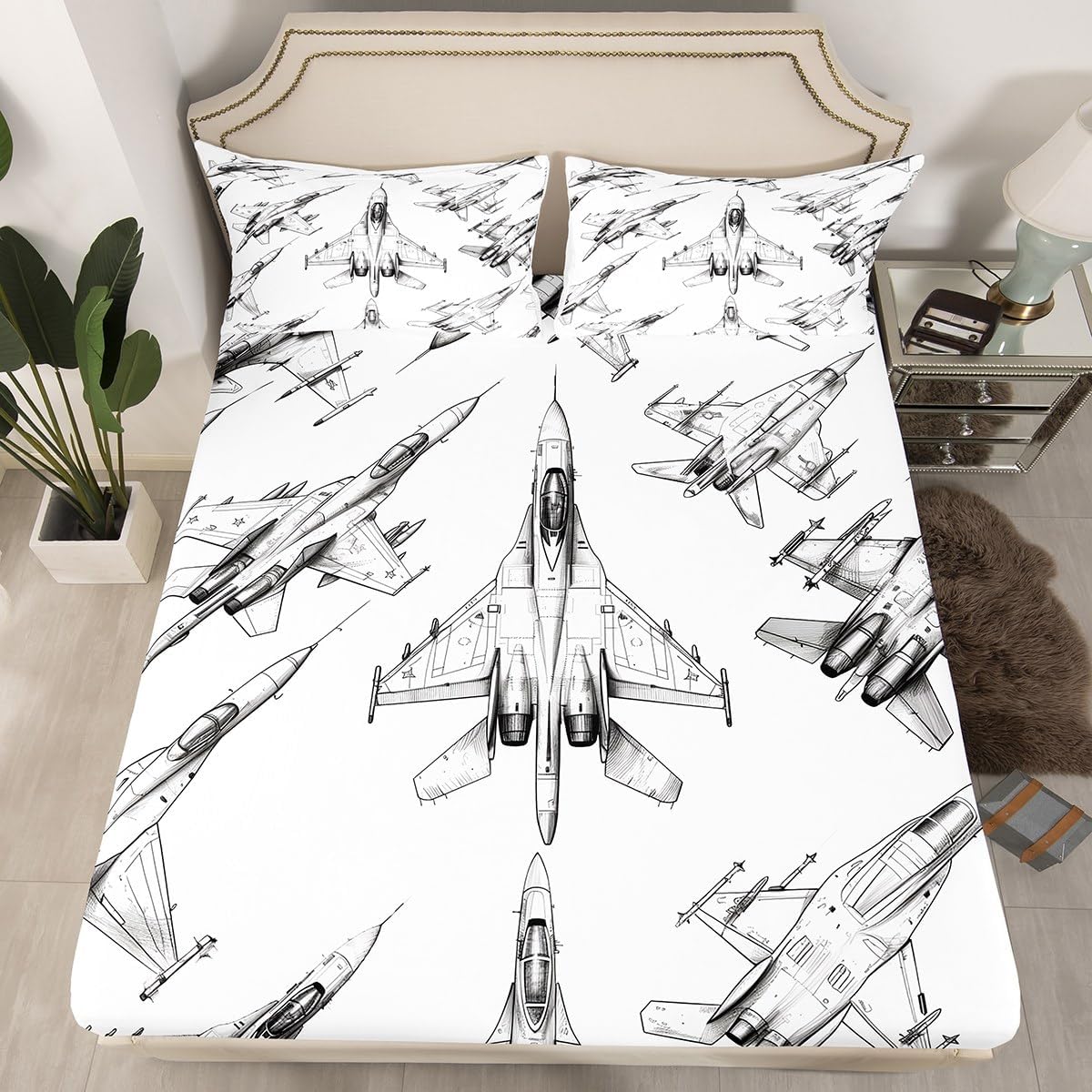 Castle Fairy Aircraft Bed Sheet Set Full,Military Army Airplane Hand Drawn Graffiti Bedding Sets for Bedroom Decor,Boys Teens Cartoon Plane Lover Fitted Sheet + Flat Sheet + 2 Pillow Cases