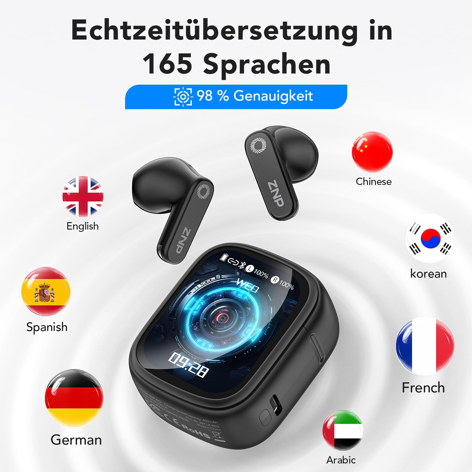 KI Übersetzer Kopfhörer mit 165 Sprachen & 9 Modi, 48h Akku Touchscreen, Bluetooth 6.0 für Reisen