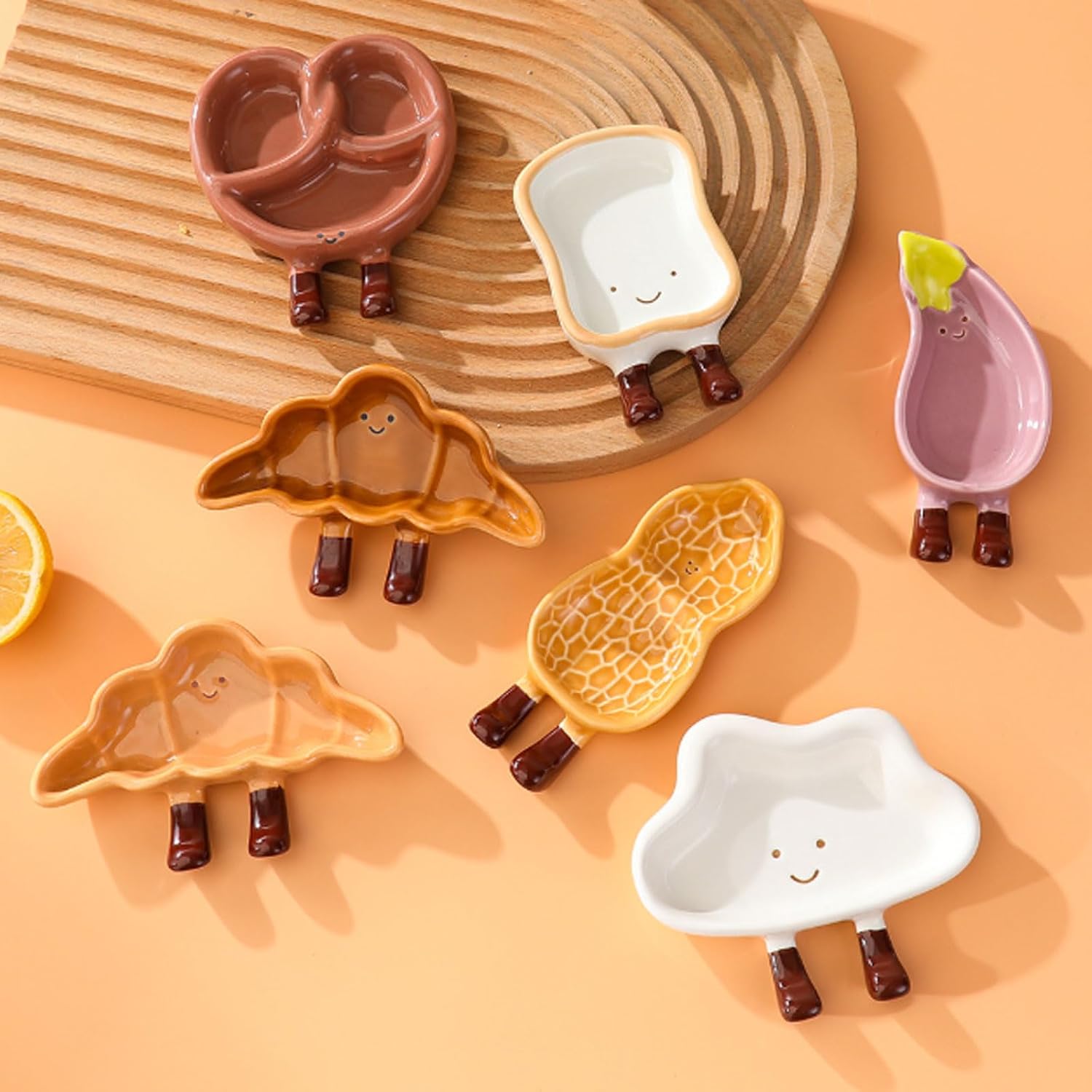 Cartoon Bread Ceramic Plates Set Dipping Dishes for Fruits, Desserts, BBQ, Oven and Dishwasher Safe Bread-Shaped Saucers (12.5 * 8 * 2cm)