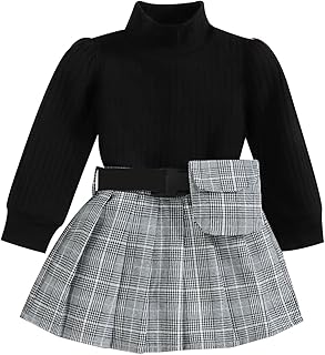 OBiQuzz Long Sleeve Pullover with Stand-Up Collar and Plain Pullover for Girls + Striped Pleated Skirt, Matching Belt Bag in the Same Colour Children's Clothing