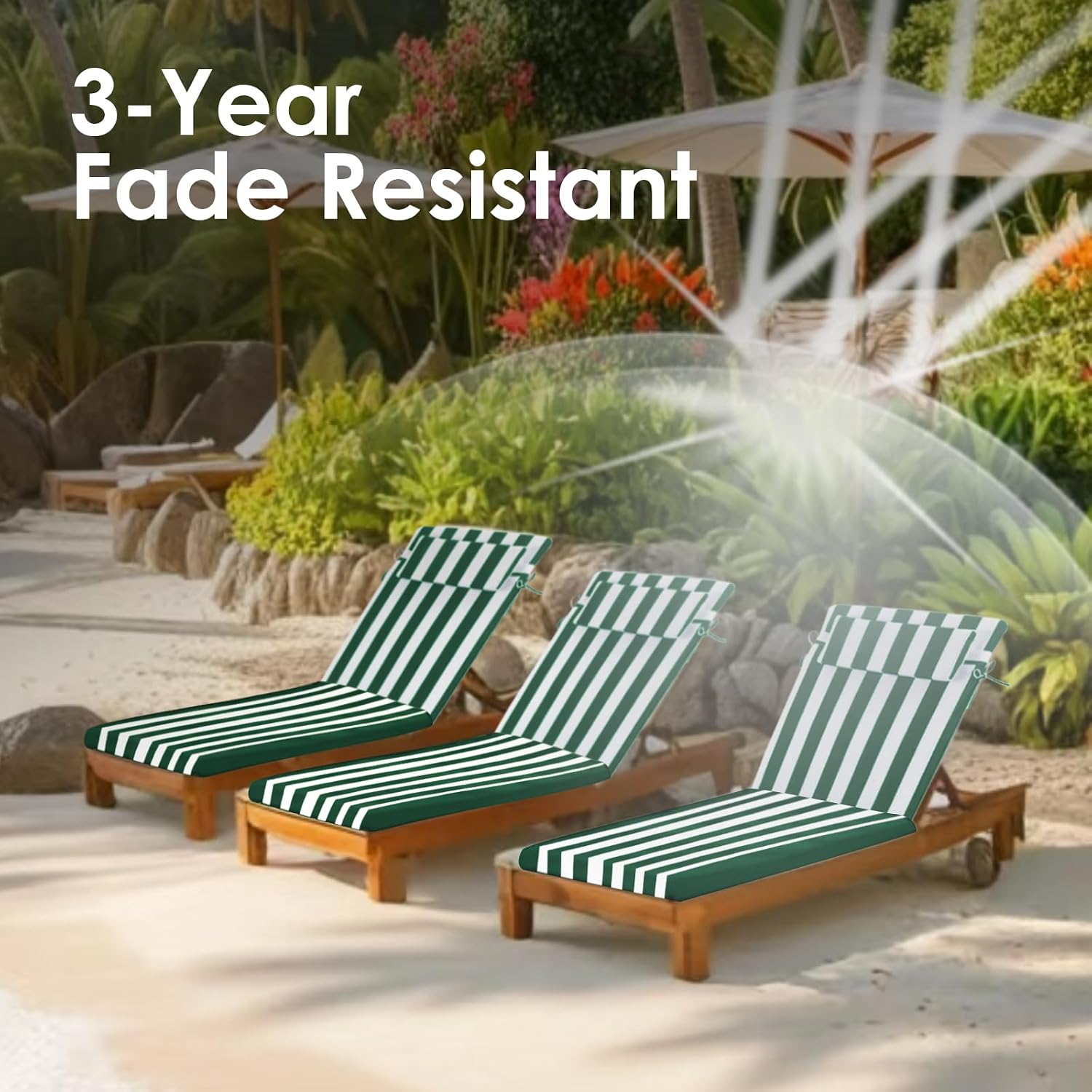 80 x 21 x 3 in. Outdoor Chaise Lounge Cushion Replacement, Thick High-Density Foam, Waterproof Patio Chair Pad (1, Green & White Striped, 80" x 26" x 3")