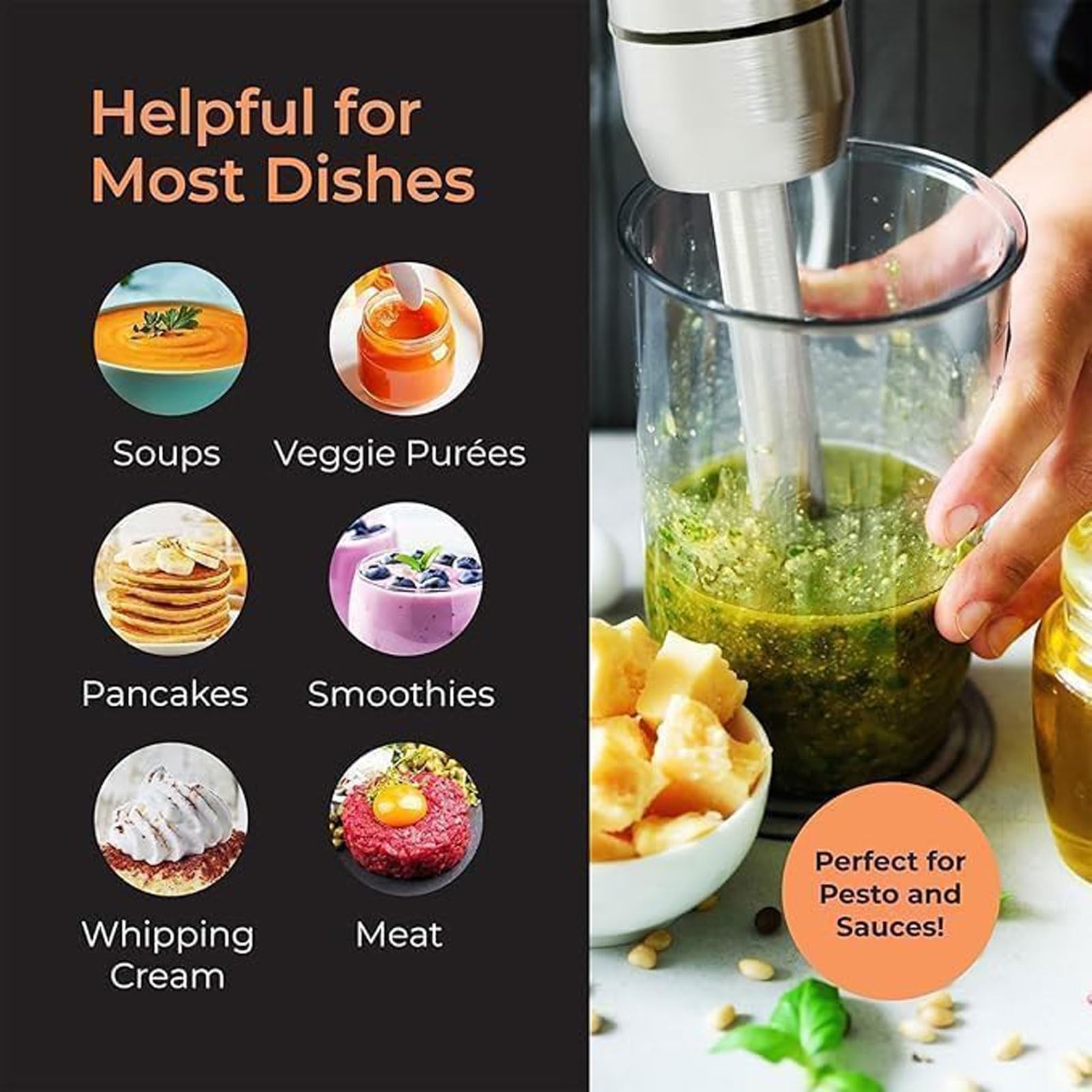 Frullatore a immersione elettrico 5 in 1 con tritatutto, frusta, misurino da 600 ml e montalatte per zuppe, alimenti per bambini, frullati