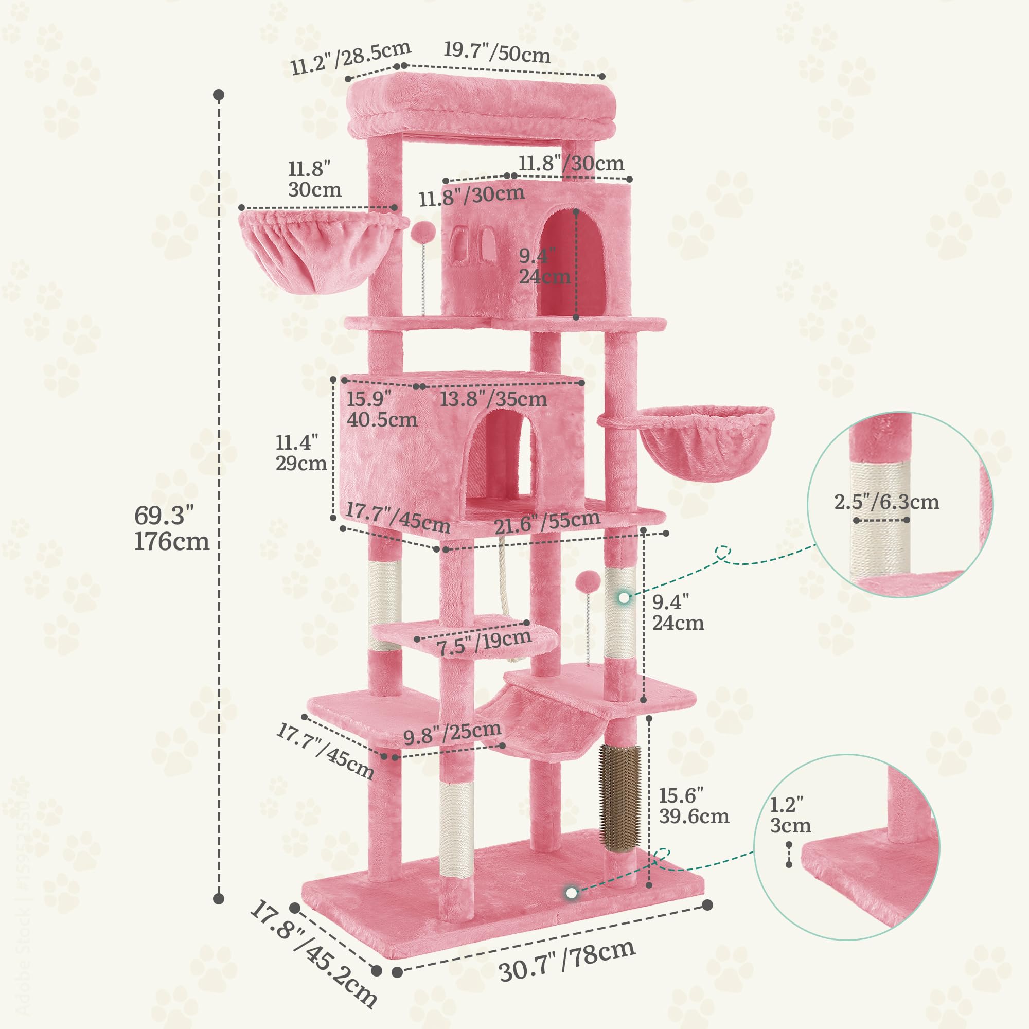 YITAHOME Rascador grande, altura 176 cm, árbol para gatos XL, rascador de varios niveles, rascador para gatos con 2 cuevas, 2 cestas, hamaca, bolas de peluche, cepillos para gatos, color rosa