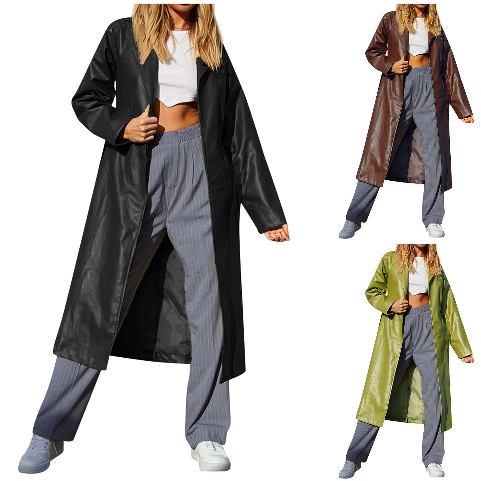 Ytfsrukp Women's Casual Lapel Open Front Pu Faux Leather Long Trench Coat with Belt Motorcycle Cropped Pleather Jackets Black