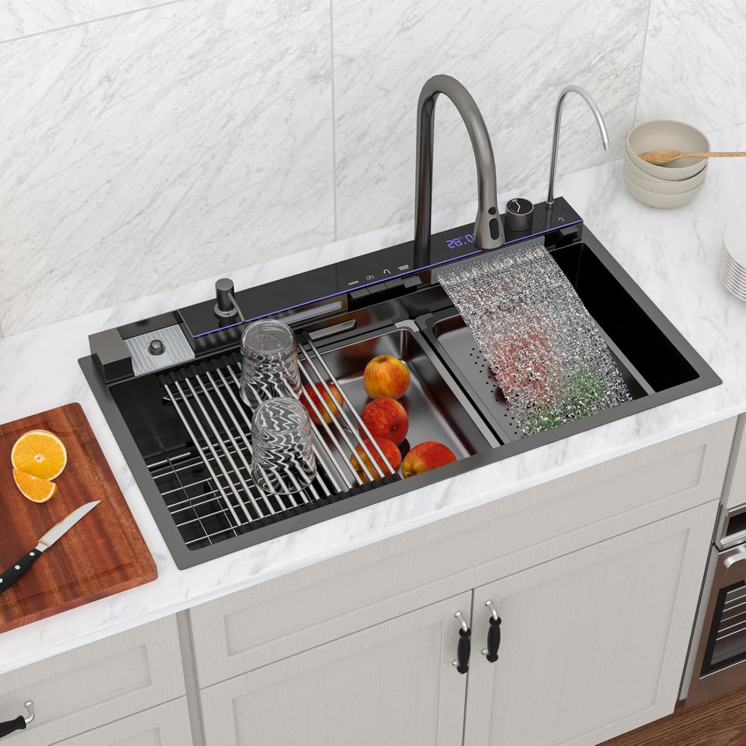 Logmey 33" Smart Dual Waterfall Sink with Digital Display,Water Purifier,Nano PVD Black Drop in Kitchen Sink with Faucet,16 Gauge Stainless Steel Sinks with Temperature Control Knob,5 Buttons,33x19x9