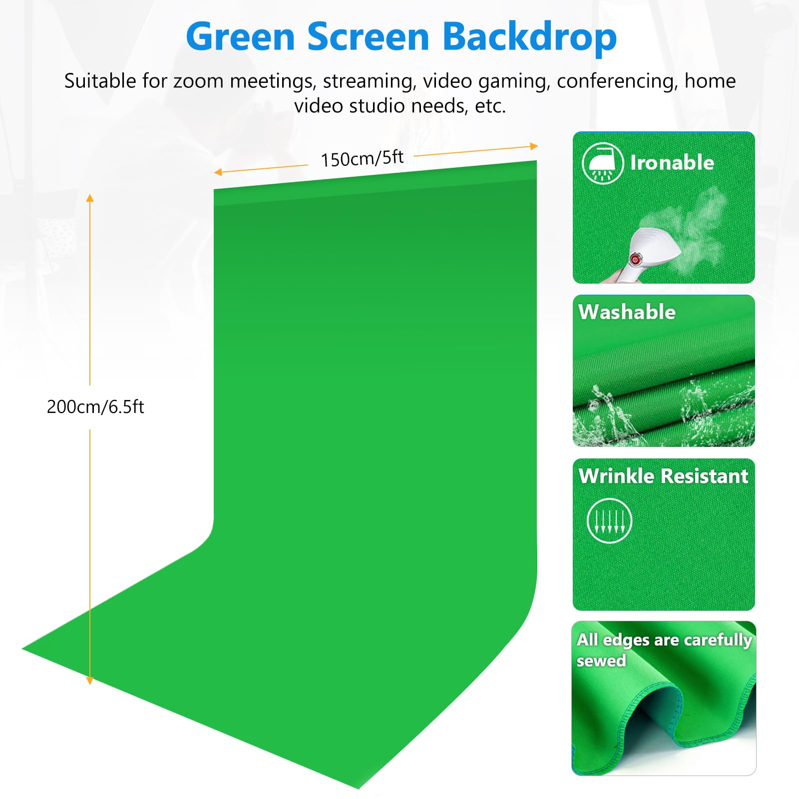 Kit de toile de fond verte portable de 2,7 x 2,8 m avec toile de fond verte de 1,9 x 2,8 m, fond vert avec support pour photographie, streaming, zoom, jeux, réunions