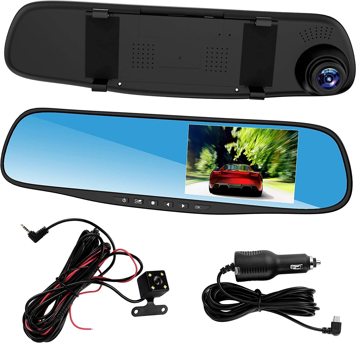 Dash Cam Mirror Dash Camera Front and Rear 1080P Full HD Video Car Driving Recorder Wide-Angle Dual Lens Dashboard Camera DVR with G-Sensor Loop Recording Parking Mode Motion Detection
