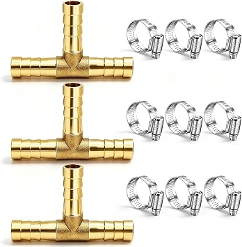 3pcs 5/16" 8mm Brass Tee Barb Fittings,3 Way Union Intersection Fitting T Shape Barbed Splitter Fitting Splicer with Hose Clamps for Water Fuel Air H-058-5/16