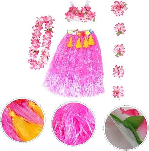Miniatura 4 de ABOOFAN Falda de hierba hawaiana, conjunto de disfraz de baile, falda de hula tropical, accesorios de flores, diadema, collar, brasier para fiestas