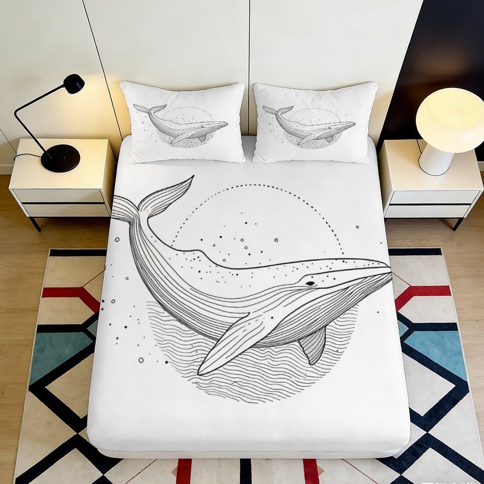 3D Printed Whale Ocean Fitted Sheet Microfiber Soft Breathable Sea Life Bed Cover for Bedroom Dorm Decor 90x200x25cm