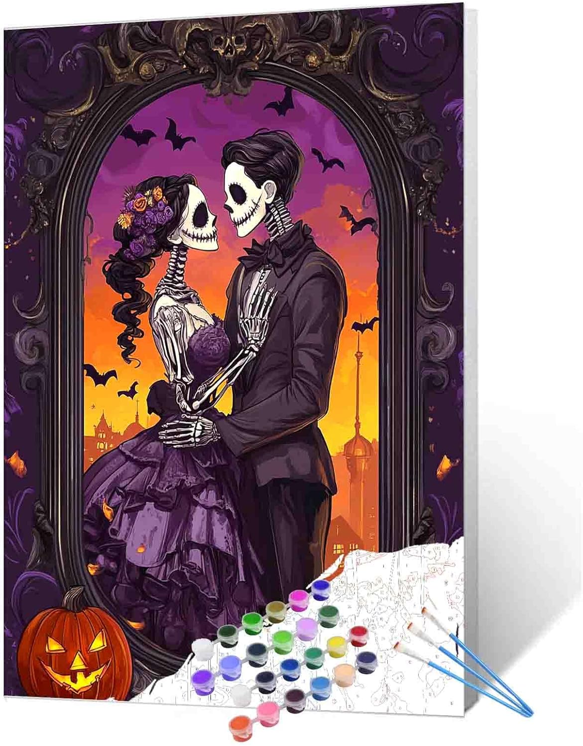 Tucocoo Halloween Gothic Skeleton Lovers Paint by Number Kit for Adult, Sunset Romance Creepy Spooky Halloween Horror Paint by Numbers Fun Fall Home Wall Decor Ideal Gift Choice 16" X 20" (Frameless) 16''x20''(Frameless) Halloween Skull 03