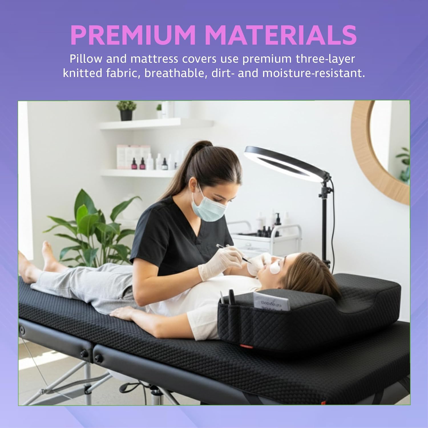 | Lash Bed Mattress + Pillow | Comfortable Mattress Topper - with Four Corner Straps & Anti-Slip Bottom | Curved Lash Bed Pillow with Neck and Back Support, Two Pockets On The Sides