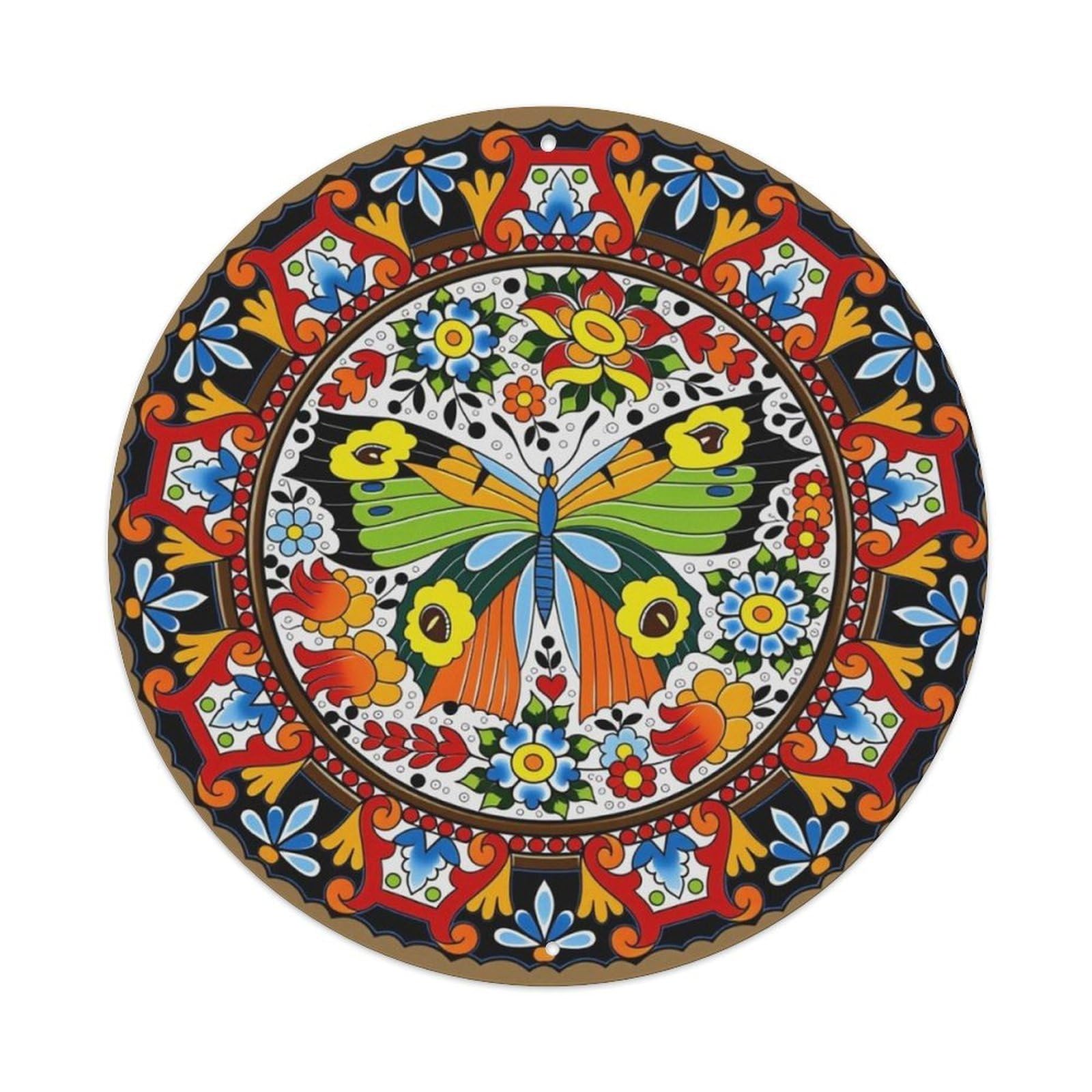 European Folk Mandala Butterfly Floral Round Wall Sign Vintage Aluminium Metal Sign, Retro Wall Decor for Home, Bar, Garage & Farmhouse 20x20cm