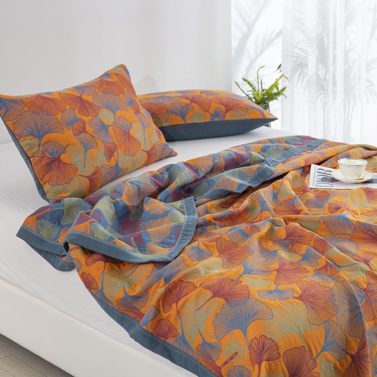 100% Cotton Muslin Blanket Jacquard Orange Floral Ginkgo Leaves Quilt, Soft Bed Cover 3 Layers Lightweight Breathable Gauzy Reversible Bedspread Coverlet King(98"x94"), No Pillow Sham - Image 3