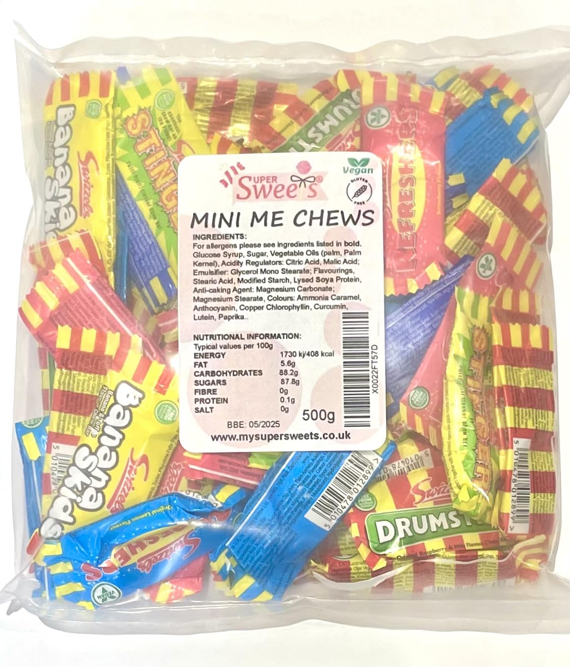 Super SweetsMini Me Chew Mix 500g Party Bag. A selection of retro classic chew bars in a mini size. Vegan Friendly Sweets Perfect for Parties.