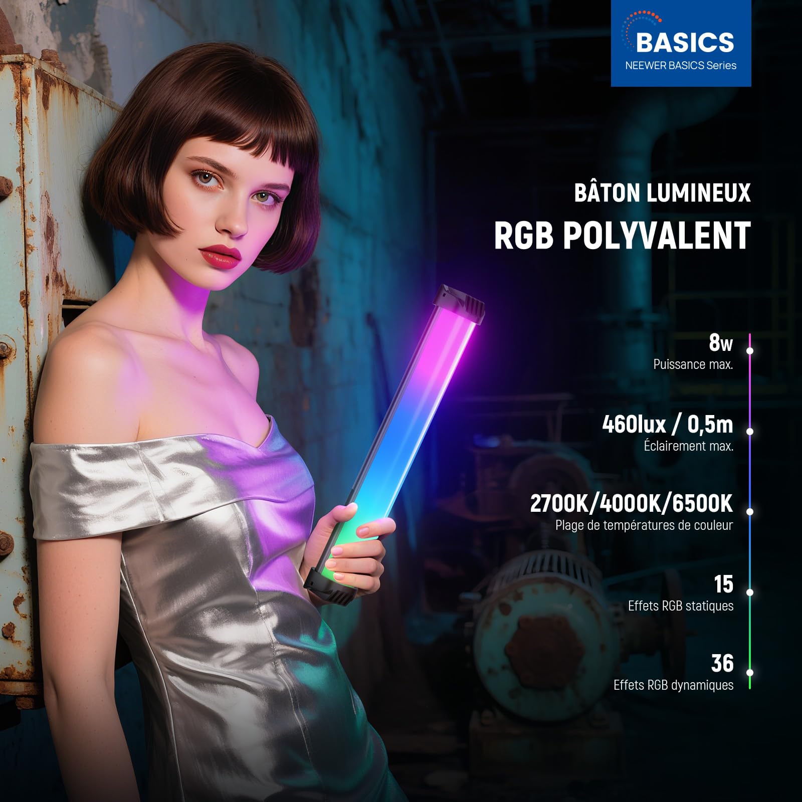 NEEWER Basique Barre Lumineuse RVB magnétique, réglable CRI95 8W Tube Lumière LED Main Tube Lighting Stick avec 51 Modes RVB, Batterie 2000mAh pour Youtube TikTok Caméra Streaming Enregistrement