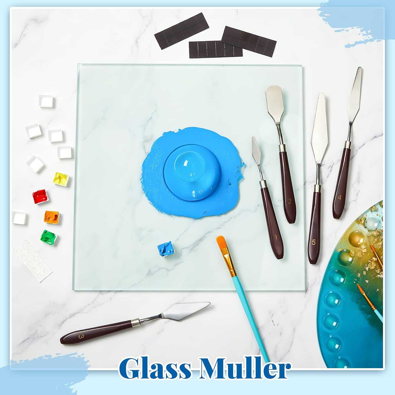 Nuanchu 109 Pcs Watercolor Paint Muller Set Glass Paint Muller Slab, Drawing Knives and Watercolor Half Pans with Magnetic Stripe for DIY Oil Acrylic Drawing(2.95'' in Dia)
