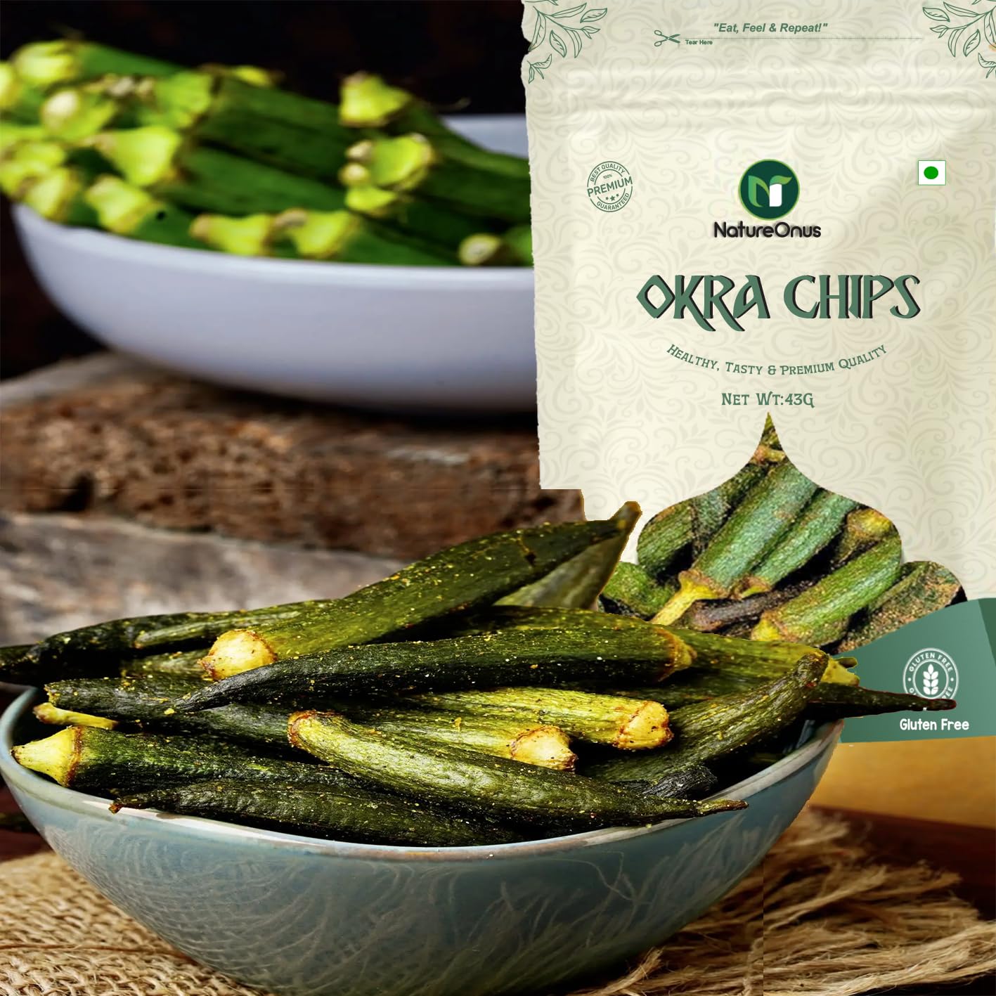 NatureOnus Vacuum Fried Okra Chips 43g - Pack of 3 | High in Protein and Fiber | No Preservatives, No MSG | Zero Trans Fat & Cholesterol | Gluten Free | Crunchy Vacuum Cooked Snack- 129g 1