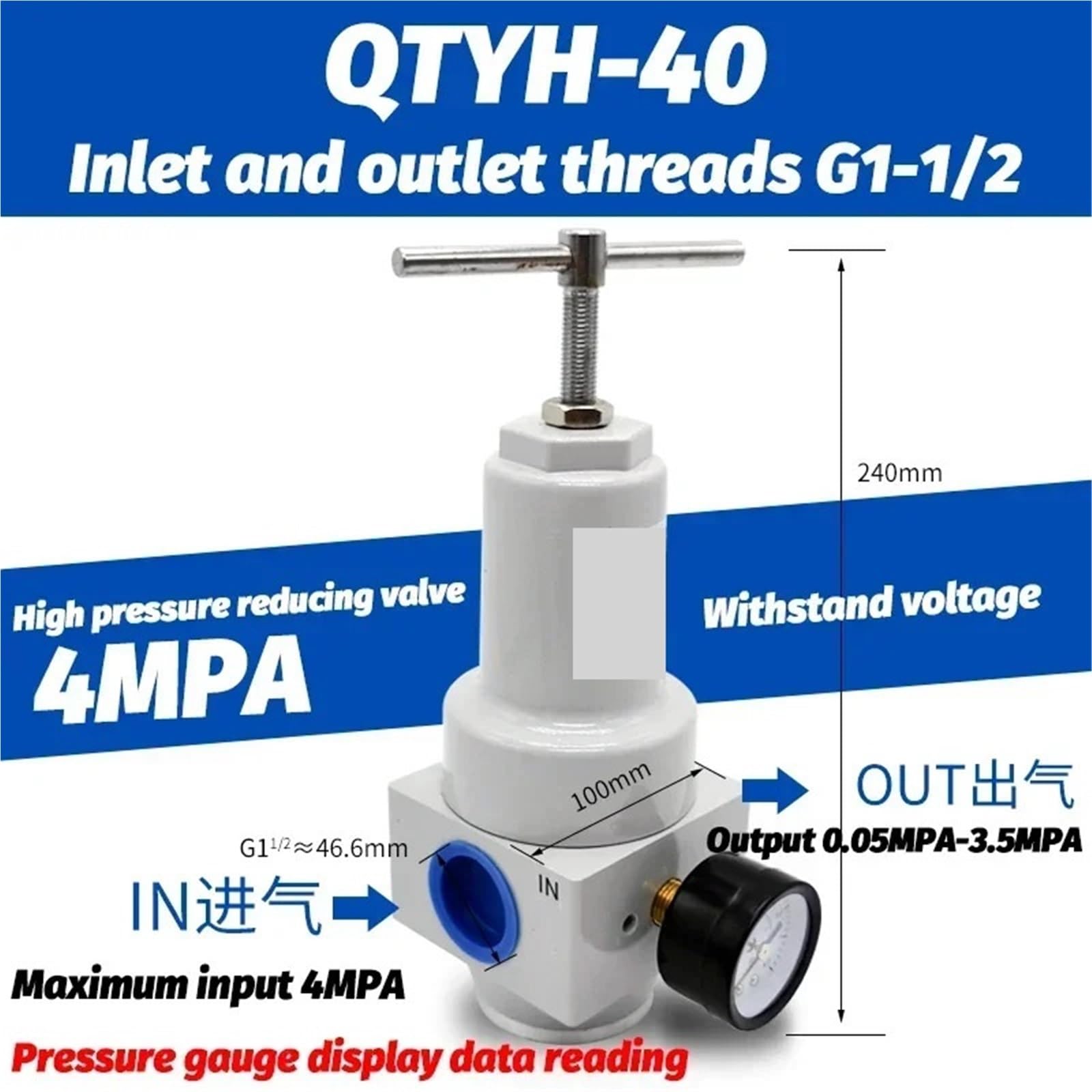 QTYH-08 Régulateur d'air pneumatique haute pression 0 ~ 40 bar avec port de jauge QTYH-08 QTYH-15 (QTYH-40)