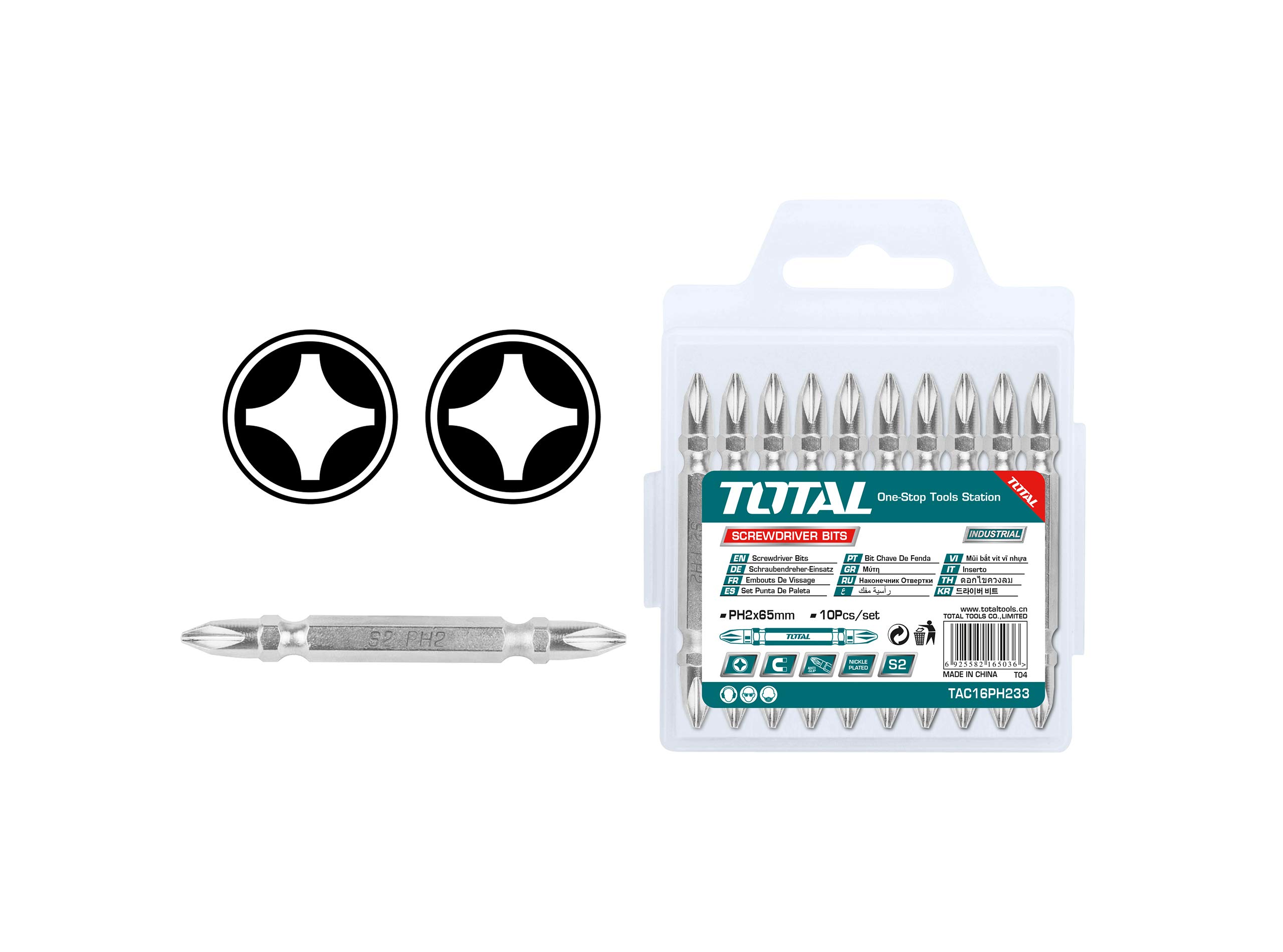 TOTAL Screwdriver Bit 10PCS Set, PH2 x 65mm, Magnetic Nickel Plated
