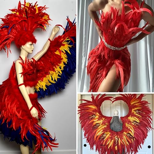 Miniatura 6 de Holmgren Borde de plumas de gallo rojo, 10-12 pulgadas, 2 yardas, plumas de gallo natural, ribete de flecos para manualidades de costura, chal de