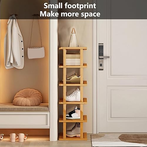 Miniatura 4 de Walbest Zapatero vertical de bambú de 6 niveles para puerta, organizador de zapatos con gran capacidad, estante desmontable para zapatos, para el