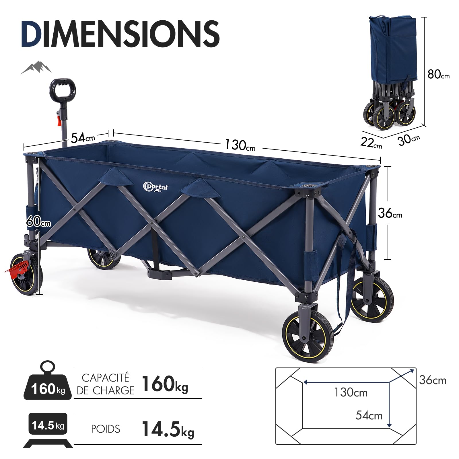 PORTAL Chariot de Plage Pliable, 400L 160KG Plage très Long Chariot à roulettes avec Filets Anti-Chute Frein Tout Terrain Poignée Réglable Charrette pour Extérieur Camping Pique-Nique