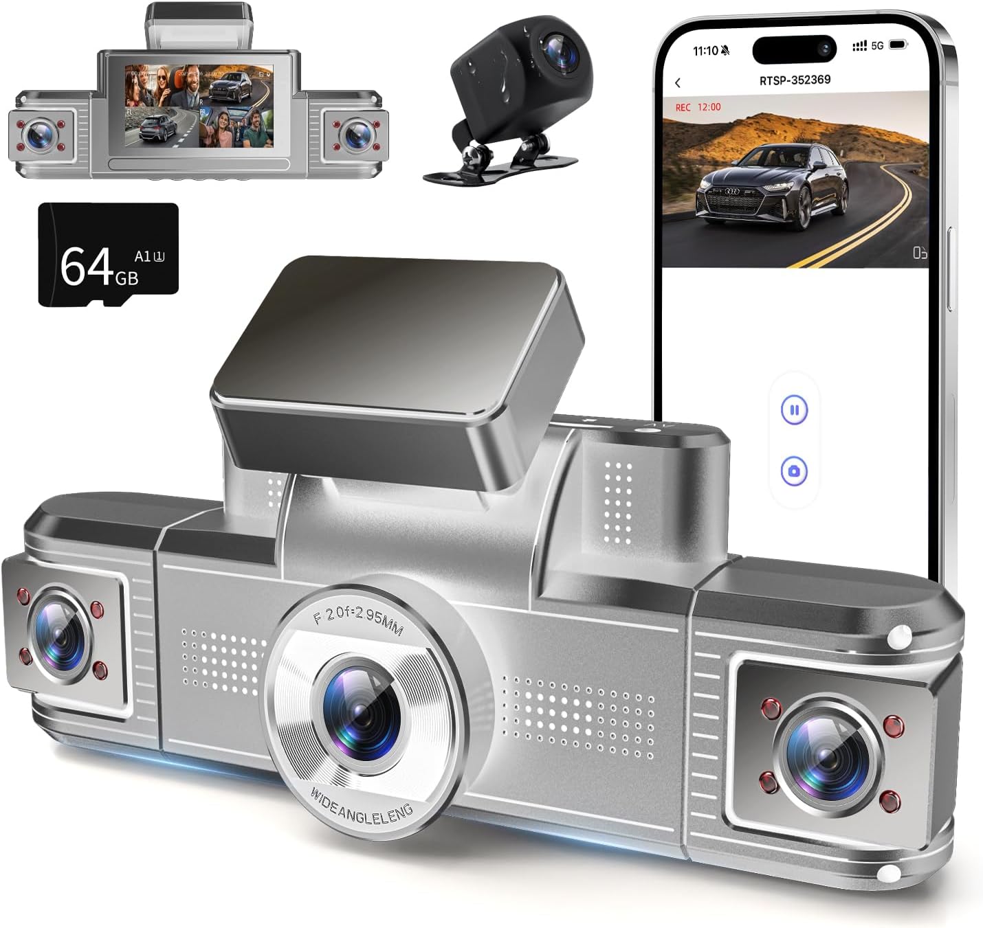 4 Channel Dash Cam 360° View, Front and Rear Inside Left Right, 2K Dash Camera for Cars, Built-in 5G WiFi & APP Control, Night Vision, G-Sensor, 24/7 Recording Parking Mode, with 64GB SD Card