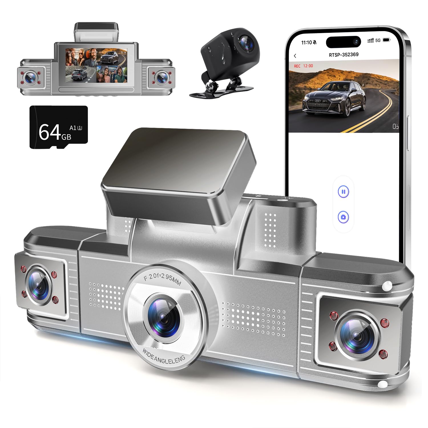 Dash Cam Front and Rear Inside Left Right 360°View - 4 Channel FHD 2K+1080Px2+720P Dash Camera, Built-in 5G WiFi, Night Vision, G-Sensor, 24/7 Recording Parking Mode, with 64GB SD Card