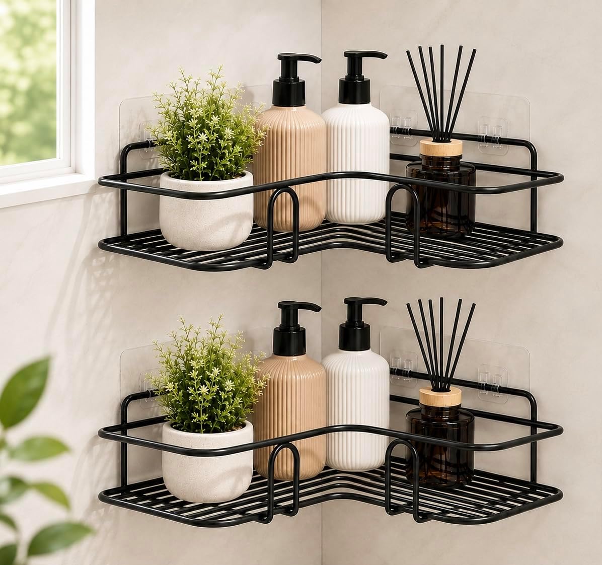 Pack of 2 No Drill Self Adhesive Bathroom Corner Shelf, Metal Wall Mounted Shower Storage Rack, Bathroom organiser without drill, Rust Proof Corner Rack for Bathroom & Kitchen, Black, 8 & 9 Inch