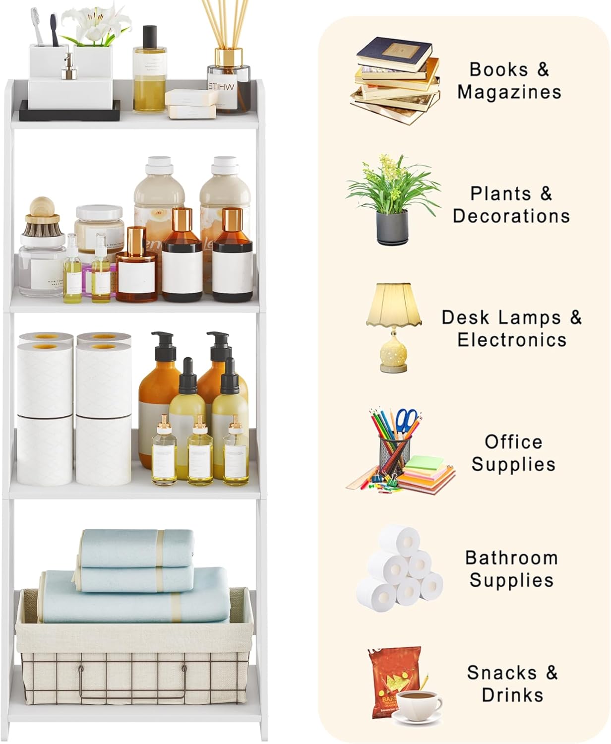 4-Tier Ladder Shelf, White Bathroom Shelves Freestanding Open Shelving Unit Bookshelf, Side End Table for Living Room Kitchen Bathroom(11.8”D x 15.7”W x 38.6”H)