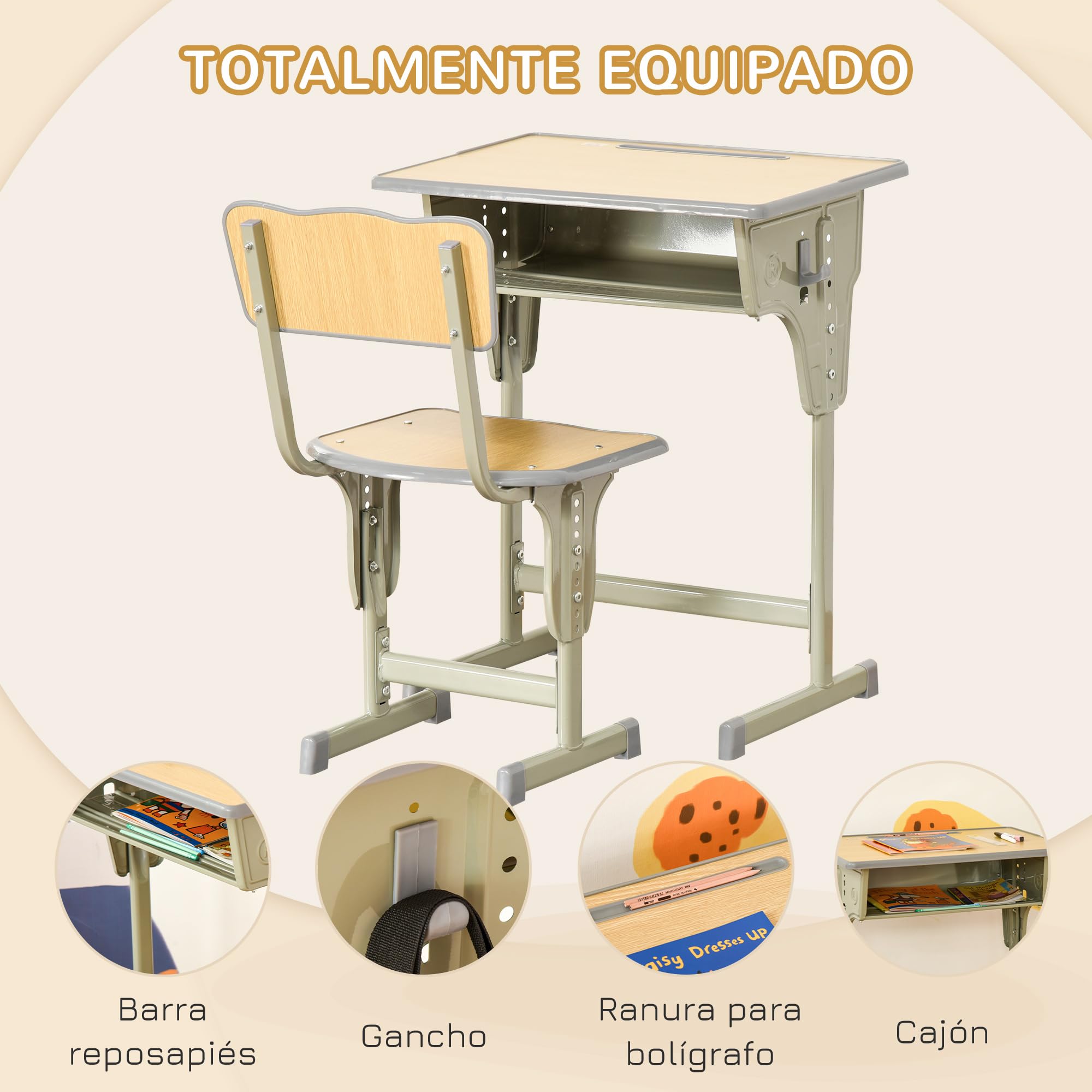 HOMCOM Juego de Escritorio y Silla para Niños de +6 Años Escritorio Infantil Altura Regulable Pupitre Infantil con Gancho y Cajón Madera Natural