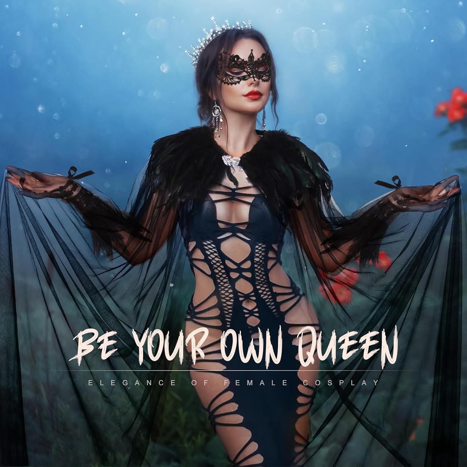 Hercicy 3 Pieces Cloak Feather Witch Cape Lace Long Gloves Witch Spider Web Masquerade Mask for Halloween Costume Decor