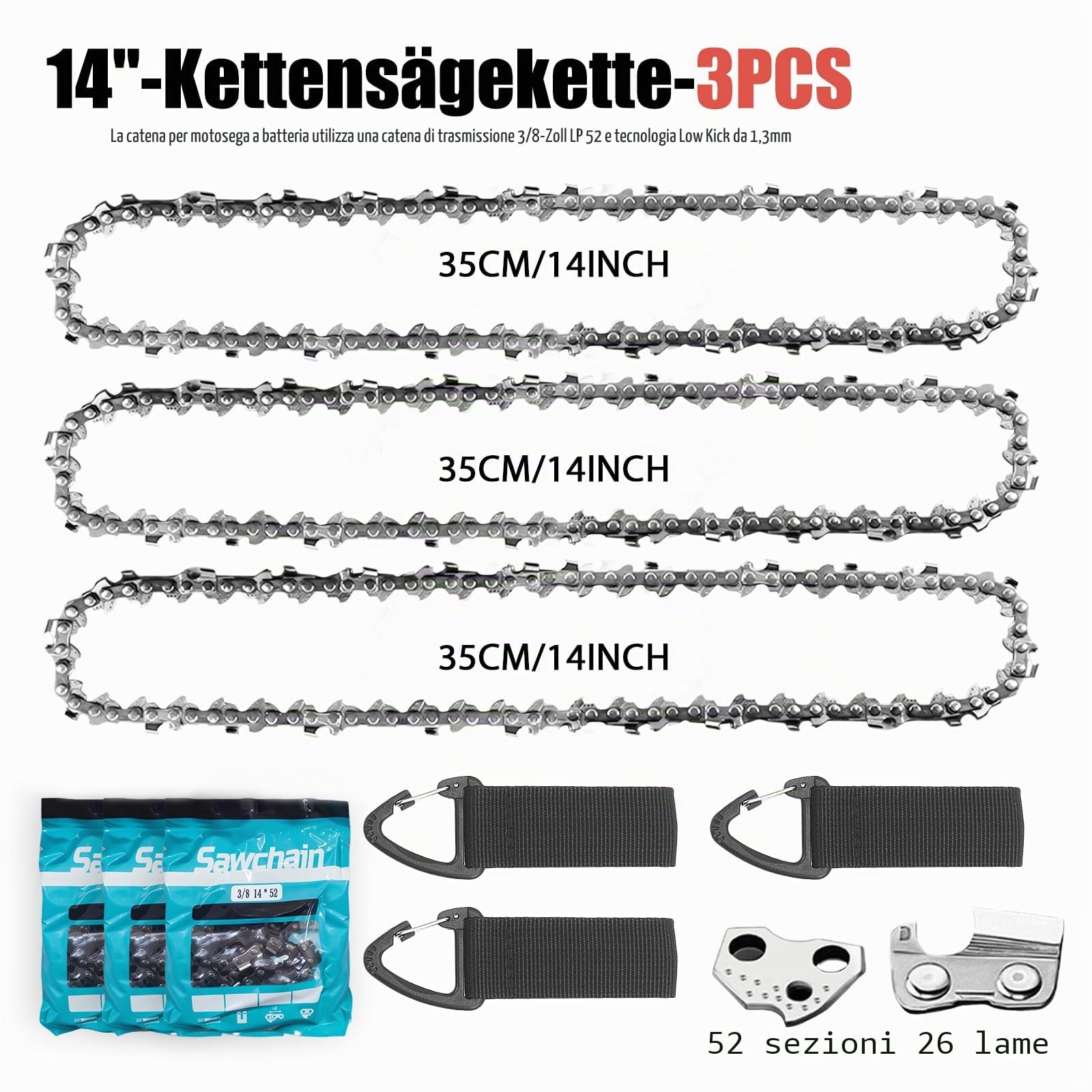 3 x catena motosega 35 cm, 3/8" LP 52 maglie calibro 1,3 mm – catena di ricambio antirimbalzo per guida da 14 pollici, compatibile con Husqvarna Dolmar Einhell Makita Hitachi Oregon