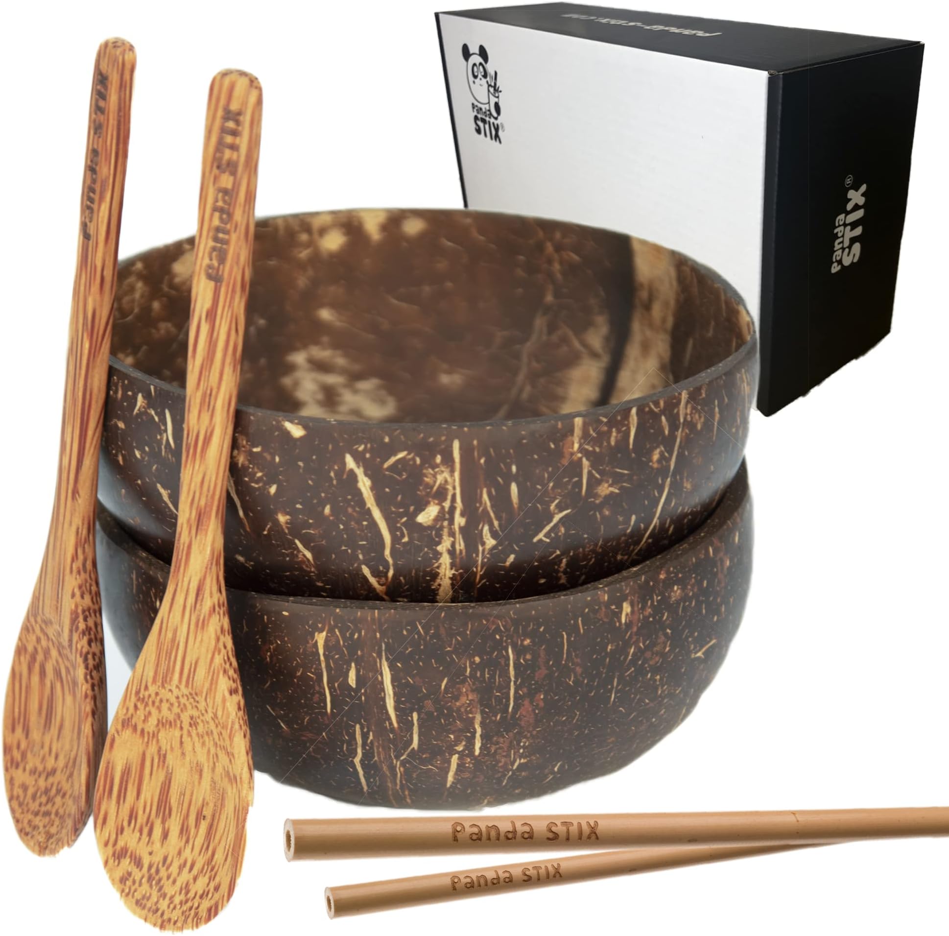 Panda STIX® Coconut Bowl and Spoon - Set of 2 | Made from 100% Natural Real Coconuts | Naturally Polished with 100% Organic Coconut Oil | Durable & Lightweight | Vegan Friendly | Breakfast Bowls