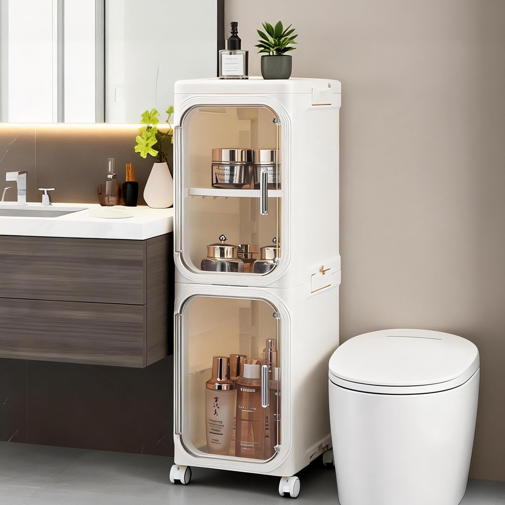 Lifelongpal 2-Tier Narrow Bathroom Storage Cabinet with Wheels, Plastic Slim Organizer with Adjustable Shelves for Small Spaces,Bathroom, Kitchen,