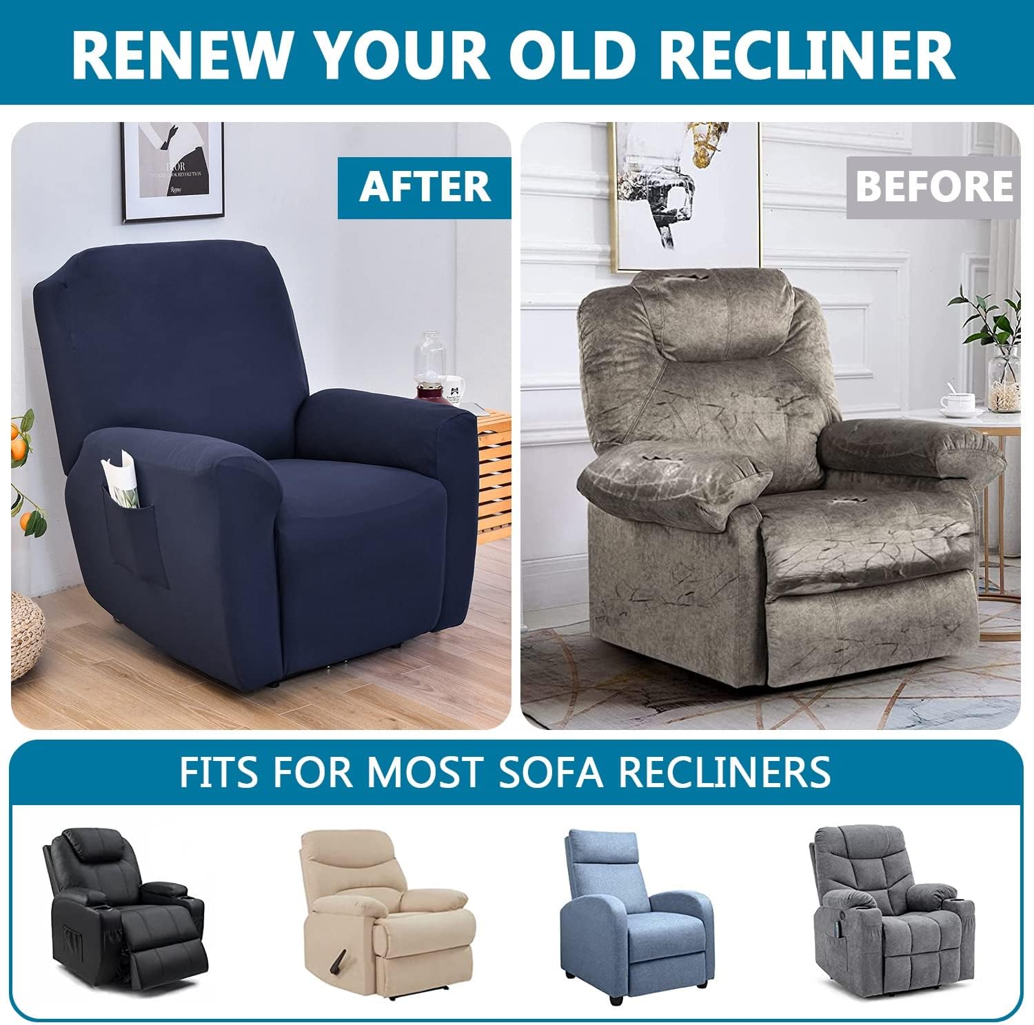 Non-Slip Recliner Chair Covers 1 Seat Recliner Chair Slipcovers Stretch Printed Furniture Protector with Side Pocket Anti-Slip Fitted (#18)