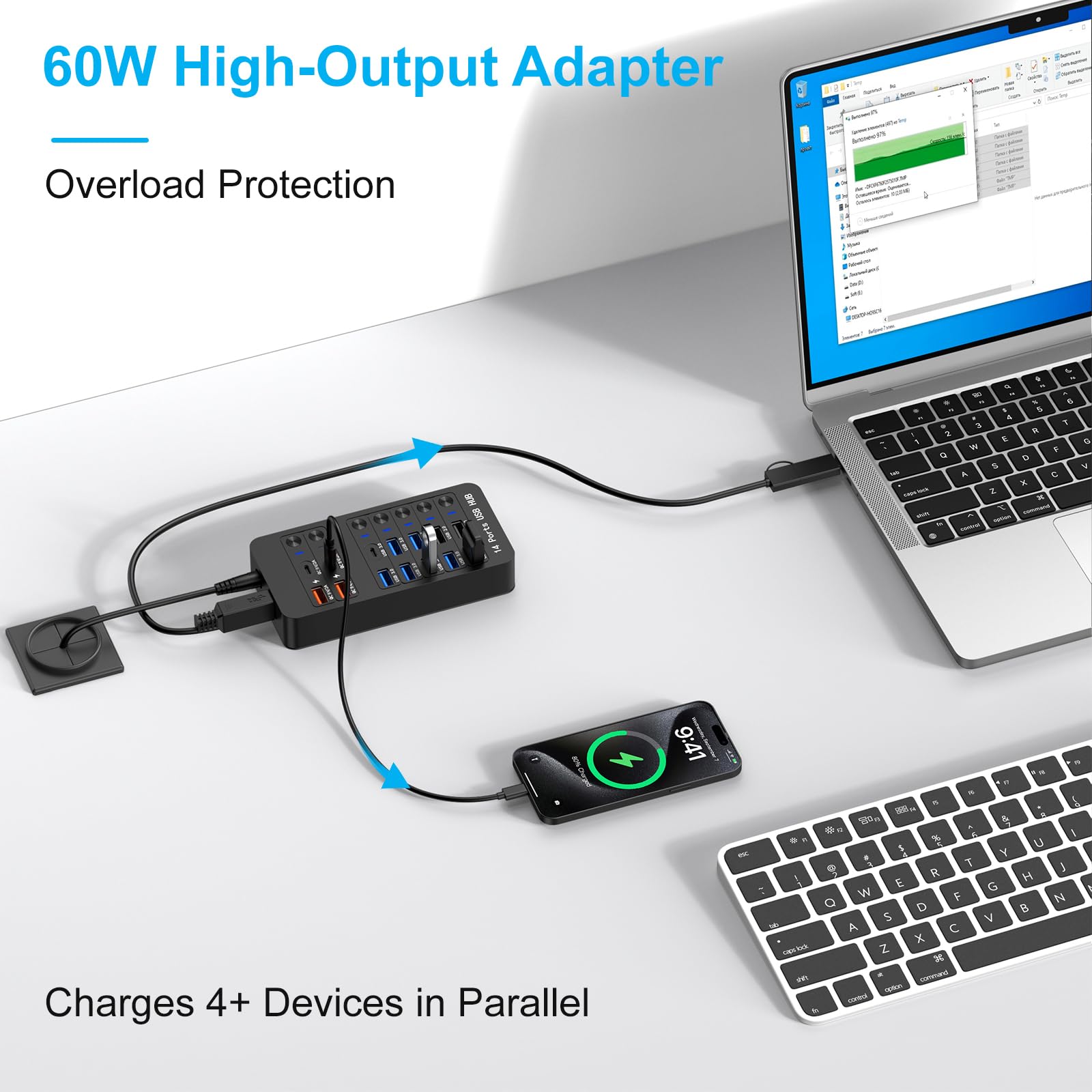 Zasilany USB 14 w 1, ładowanie PD 60 W, 6 x USB 3.0, 4 porty szybkiego ładowania, przełączniki USB-C 3.0 i diody LED, do laptopa, telefonu, tabletu