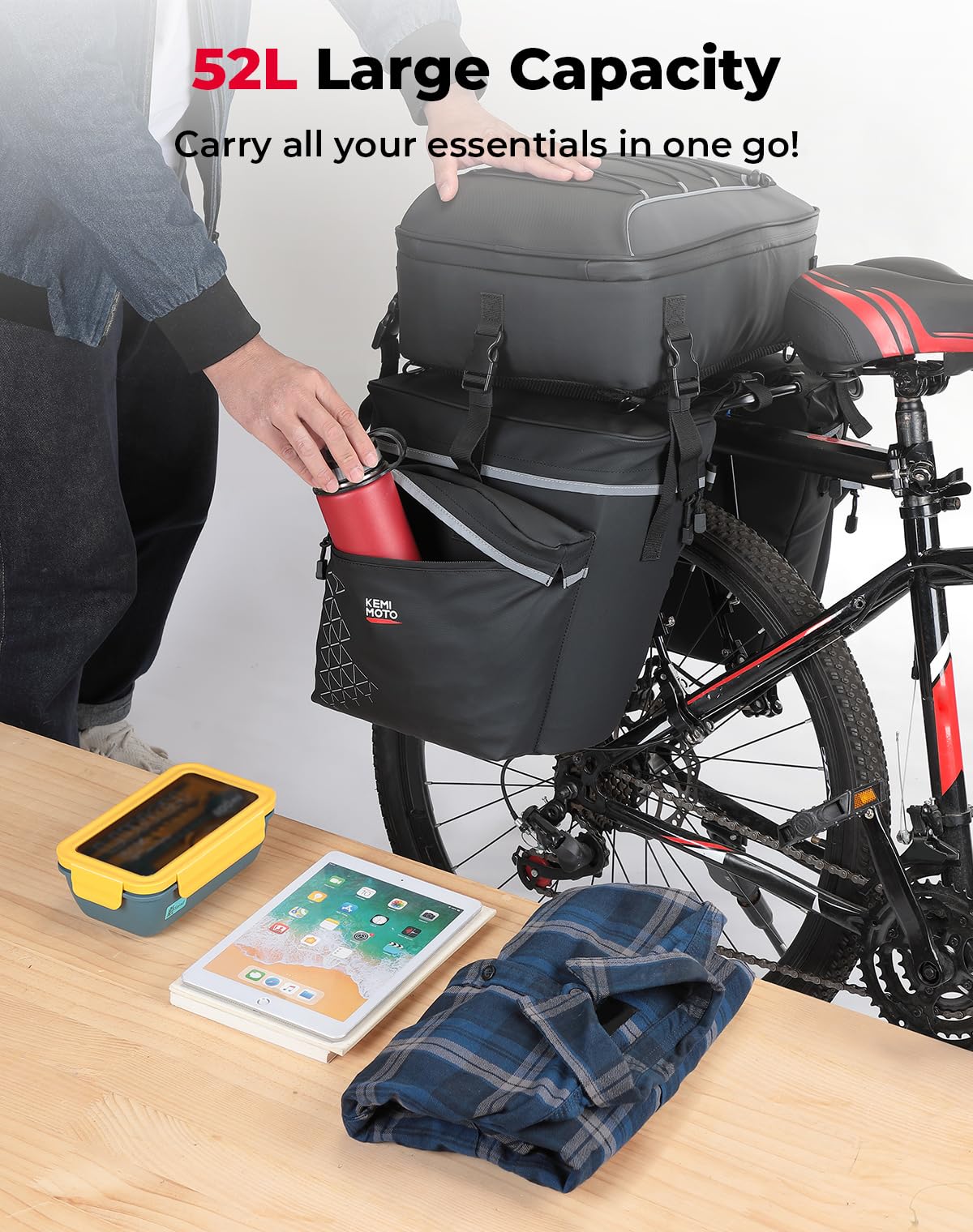 KEMIMOTO 3 IN 1 Gepäckträgertasche, Wasserdicht Fahrradtaschen für Gepäckträger, 52L Fahrradtaschen-Set mit Regenschutz, Multifunction Rucksack und Umhängetasche für e Bike MTB
