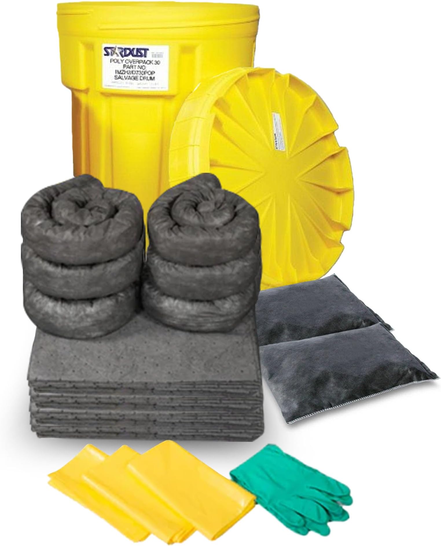 Stardust Spill Products 920U 20 Gal Universal Spill Kit with 20 Gal. Yellow Drum, (20) Universal Sorbent Pads, (6) Sorbent Socks 3"x4', (2) Sorbent Pillows 9x15, Nitrile Gloves, (3) Disposal Bags
