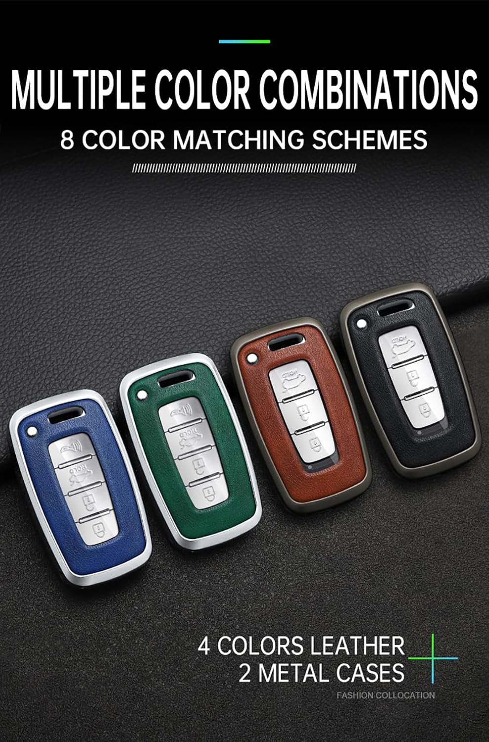 SANRILY PU Leather 3/4 Button Key Fob Cover Fit for Hyundai Azera Elantra Equus Genesis Sonata Veloster Fit for Kia Soul Sportage Sorento Rio Optima Forte Keyless with Keychain Black-Blue