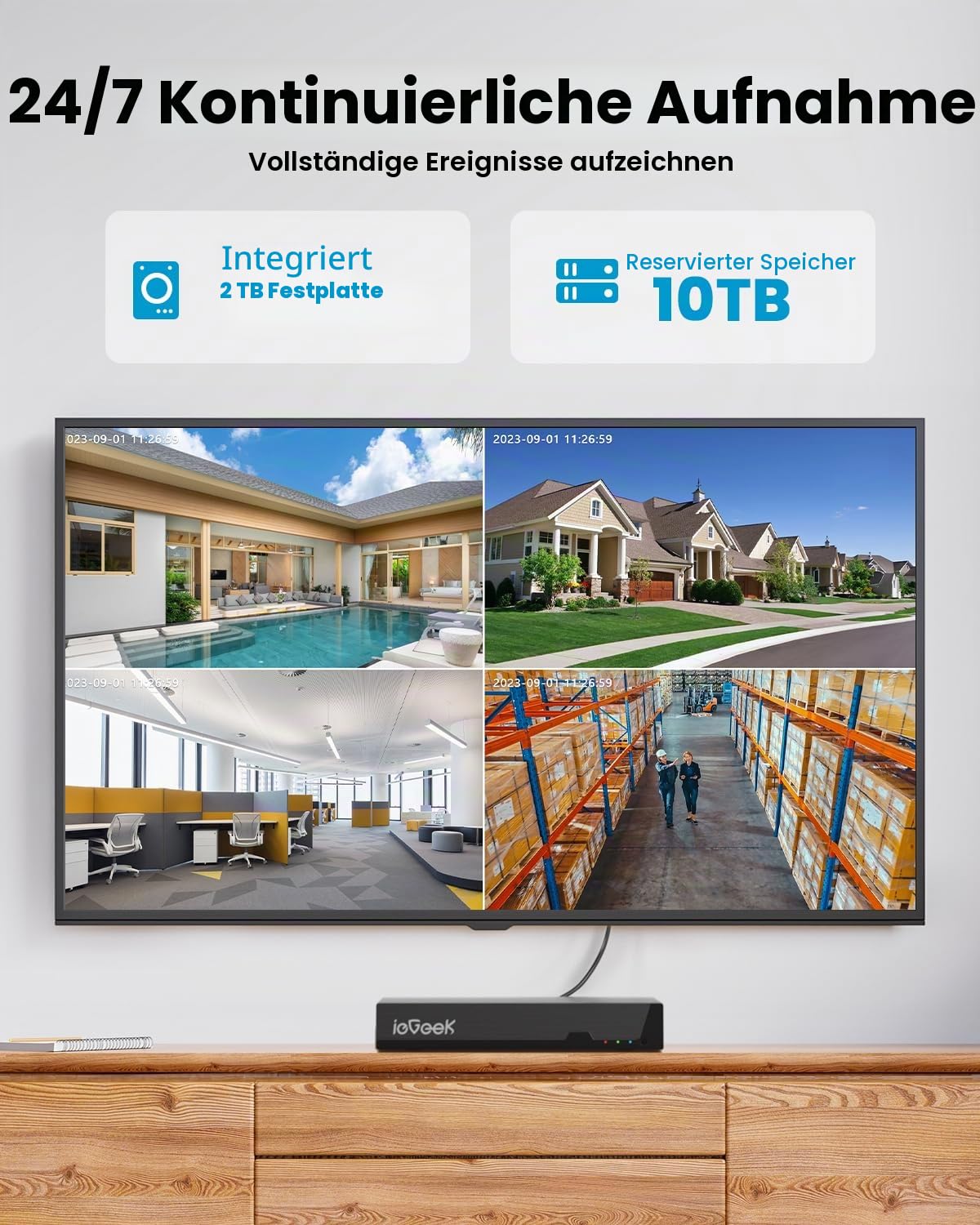 ieGeek 8CH 4K PoE NVR Überwachungskamera Set mit 4 St. 360° PT-Kameras | 2TB HDD NVR, KI-Erkennung, Automatische Verfolgung, 24/7 Aufzeichnung Innen Outdoor, Farbige Nachtsicht, IP65