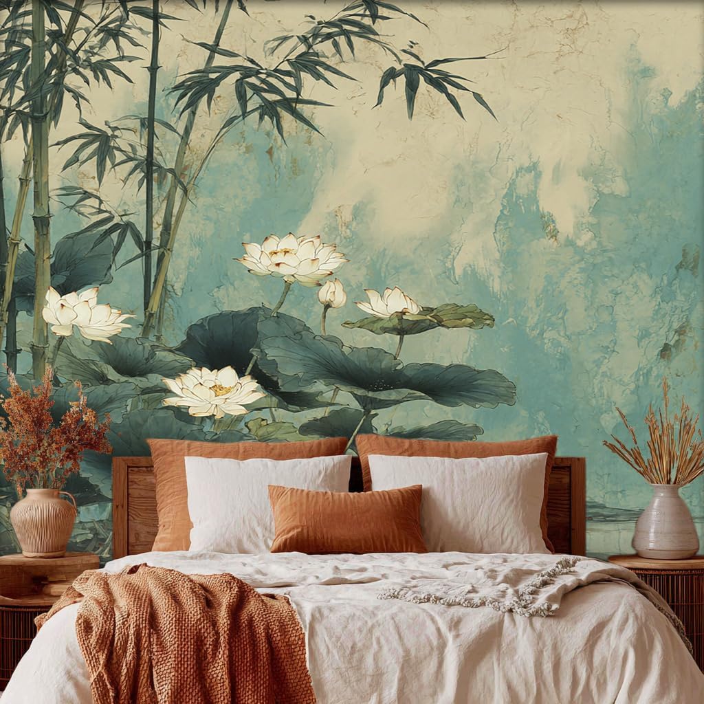 Generic Japanese Wallpaper & Wall Murals, 98" W x 69" H - Lotus Flower Leaf Bamboo Leaves Wall Mural Decoration, Japanese Home Decor for Bedroom, Living Room, Waterproof - Not Peel and Stick - Ha5772