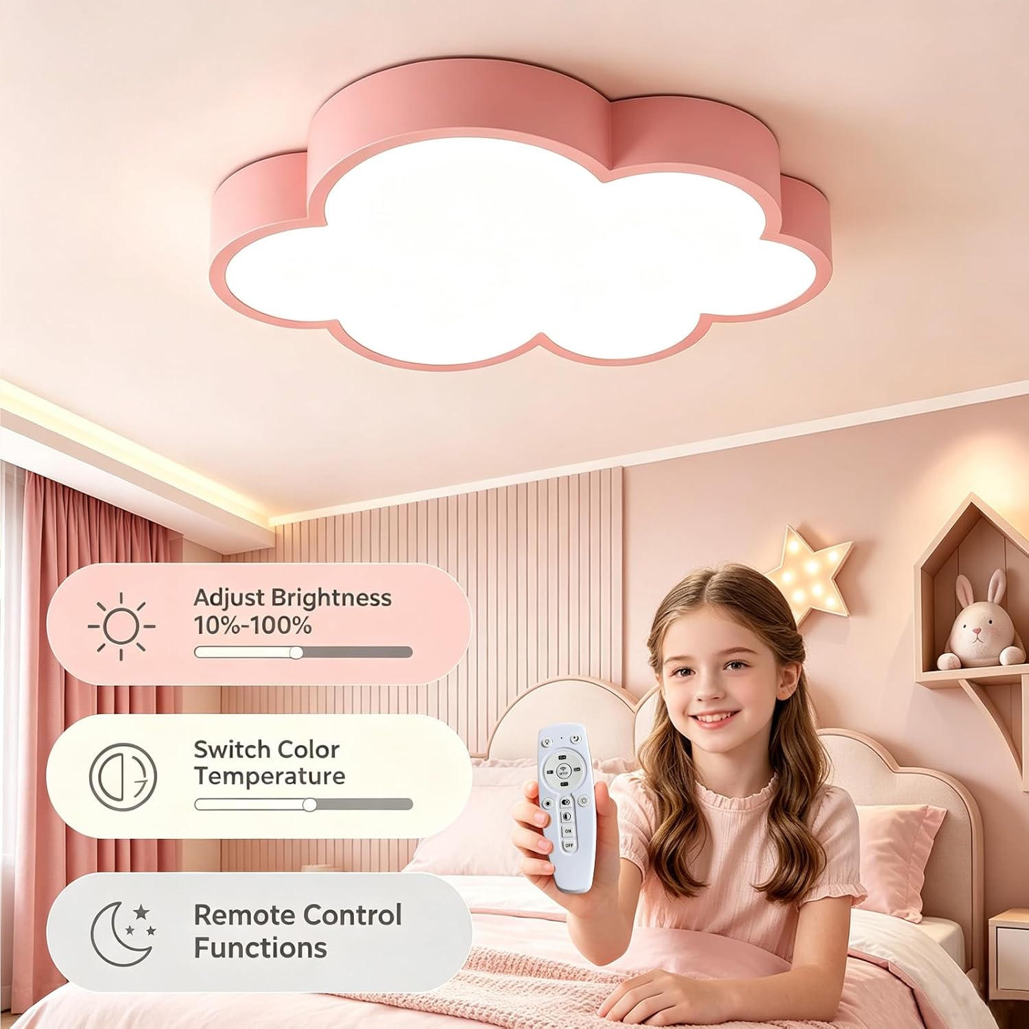 19in/36W Cloud Design Ceiling Light, Pink, Kids Room With remote control image 5